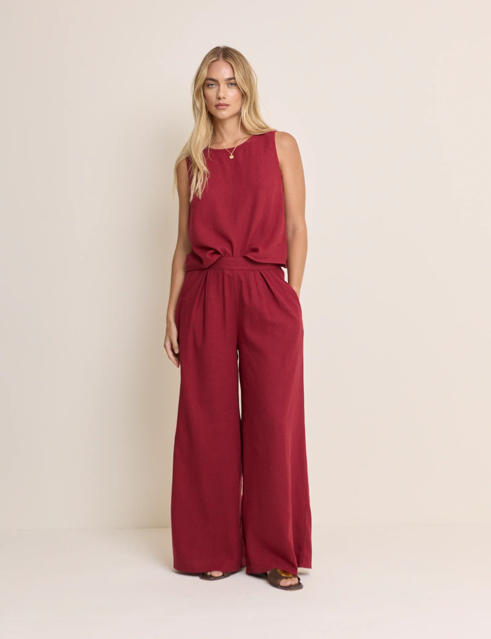 Burgundy Linen-Blend Wide Leg Jerrow Trousers - Image 3