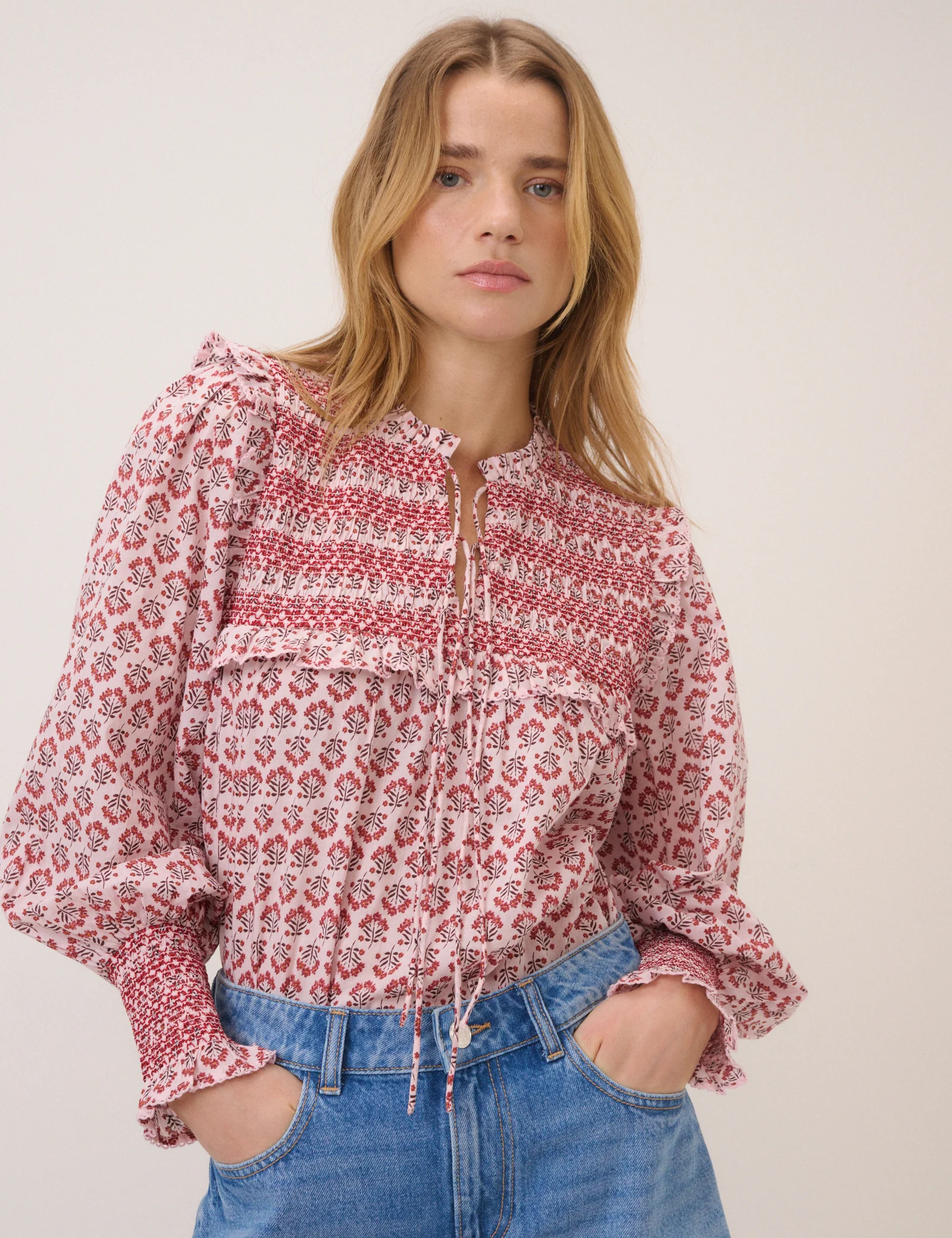 Pink Ditsy Floral Blouson Sleeve Blouse - Image 4