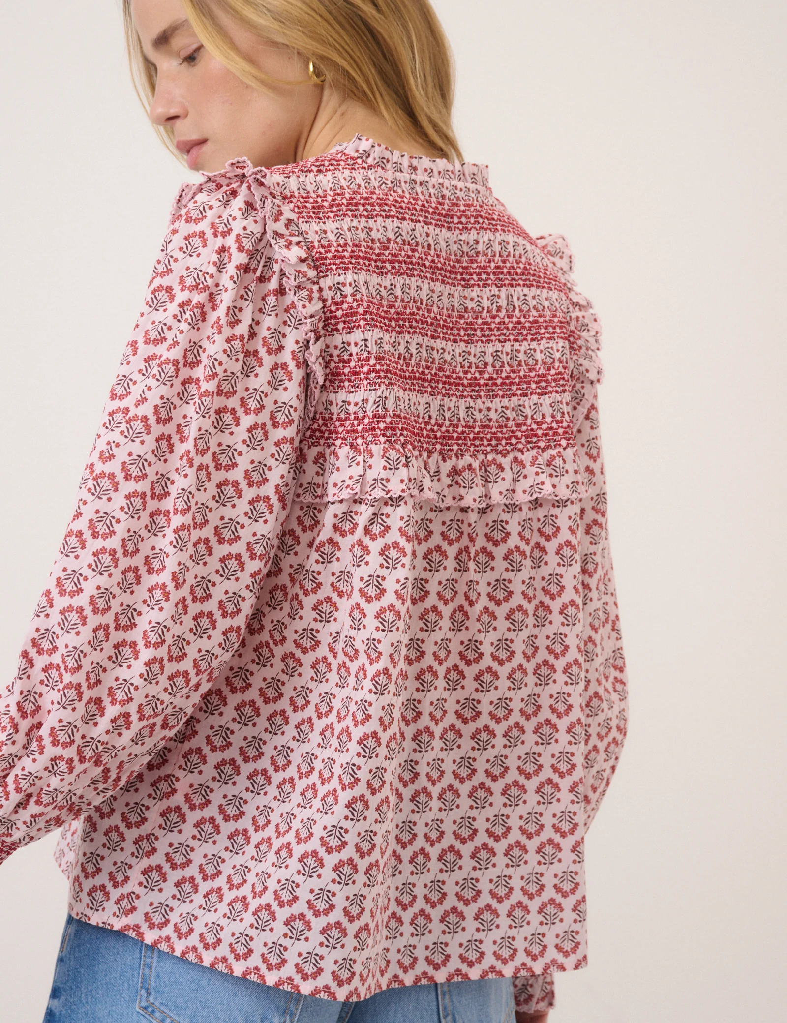 Pink Ditsy Floral Blouson Sleeve Blouse - Image 5