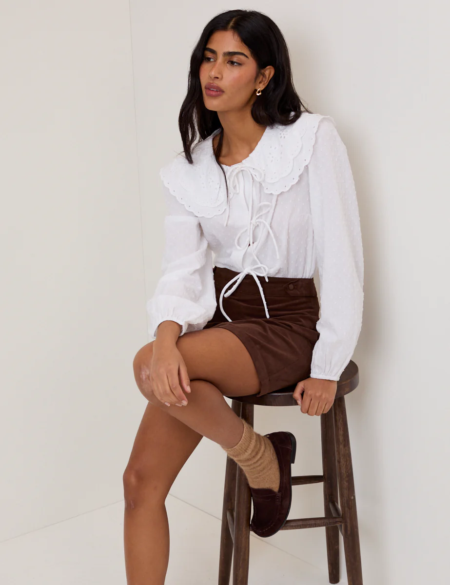 White Peter Pan Collar Tie Front Blouse - Image 2