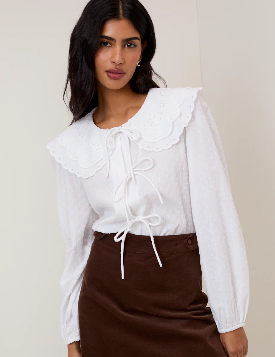 White Peter Pan Collar Tie Front Blouse - Image 3