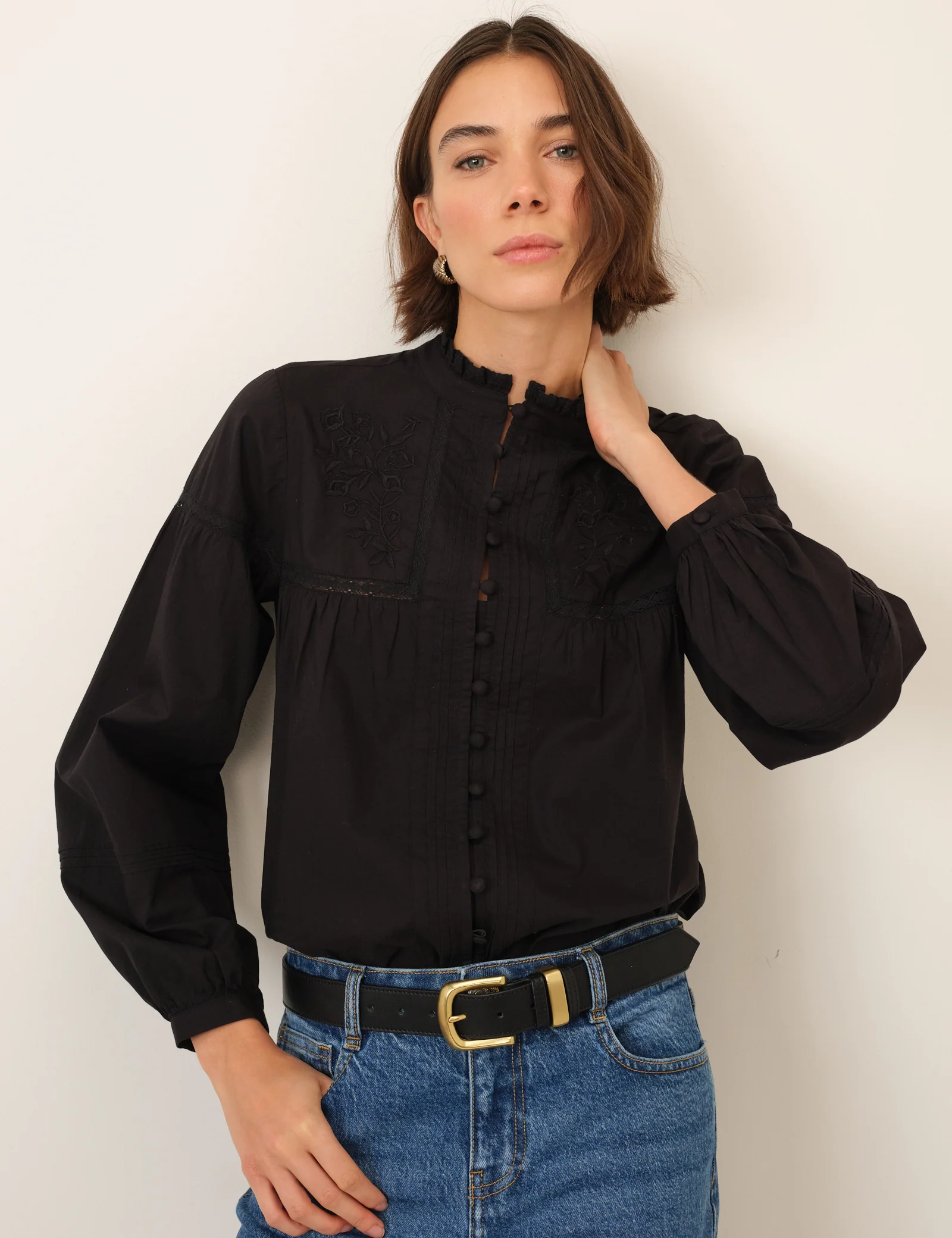 Black Floral Embroidered High Neck Blouse - Image 2