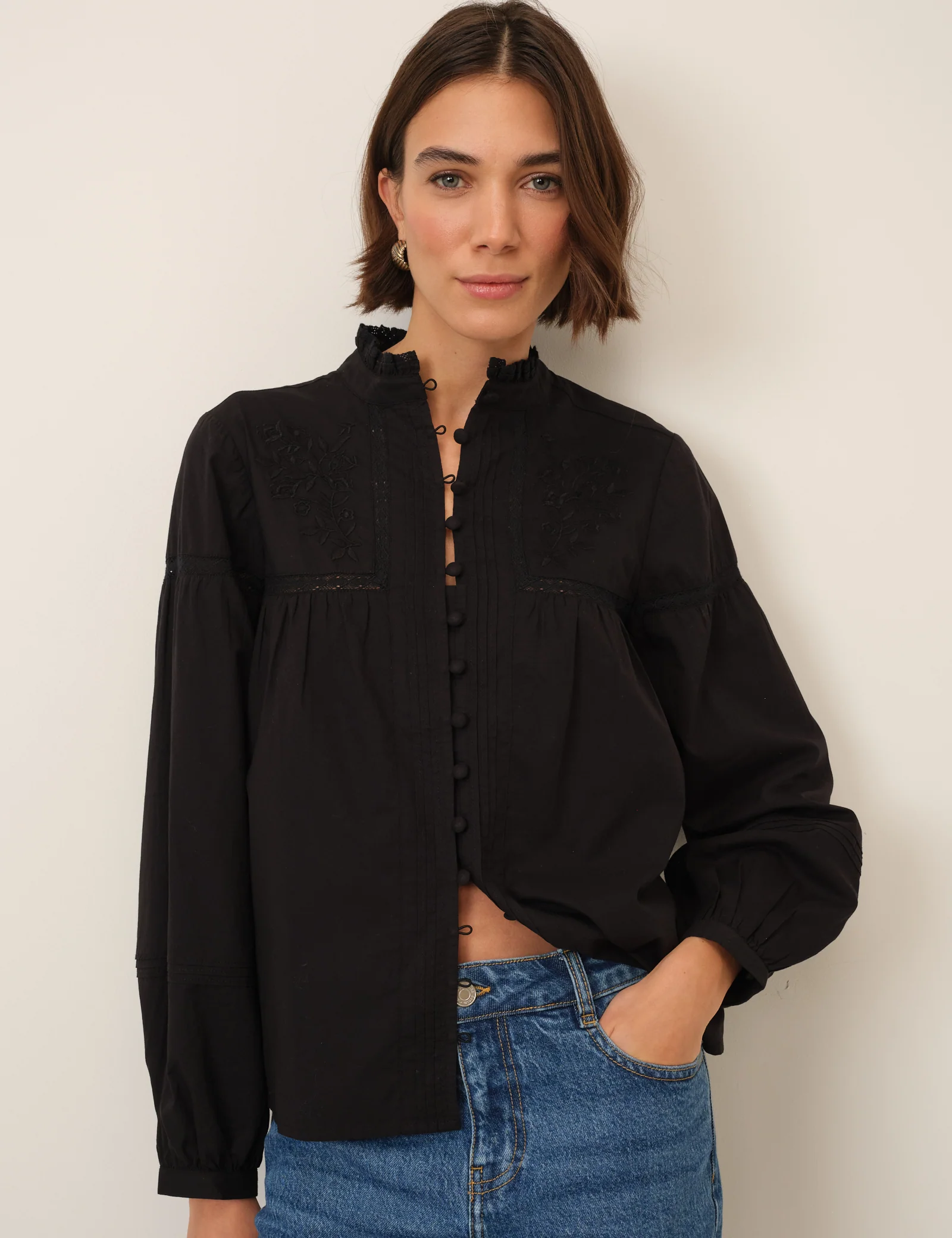 Black Floral Embroidered High Neck Blouse - Image 3