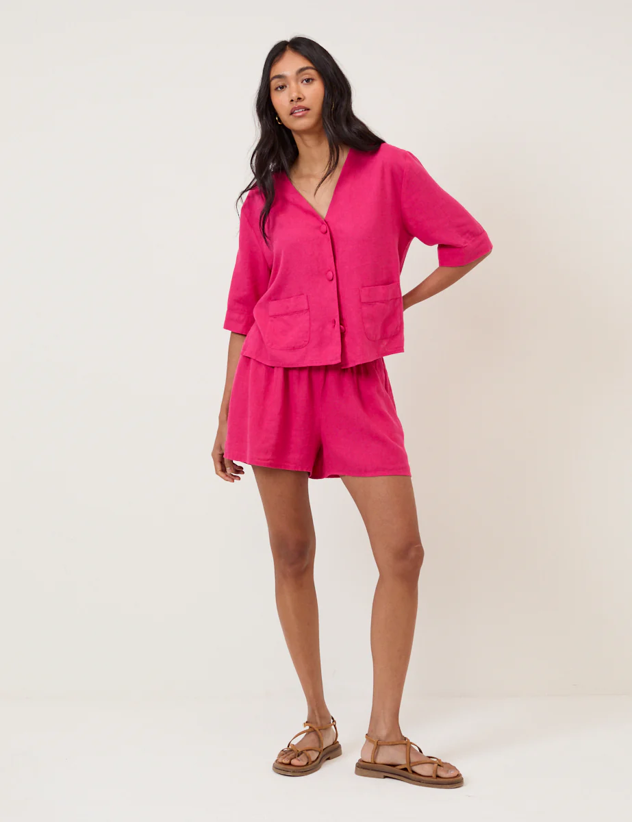 Pink Linen-Blend Elasticated Waist Shorts - Image 4