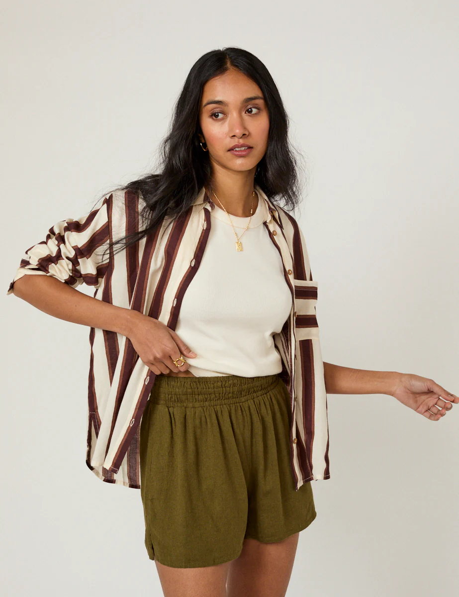 Khaki Green Linen-Blend Elasticated Shorts - Image 5