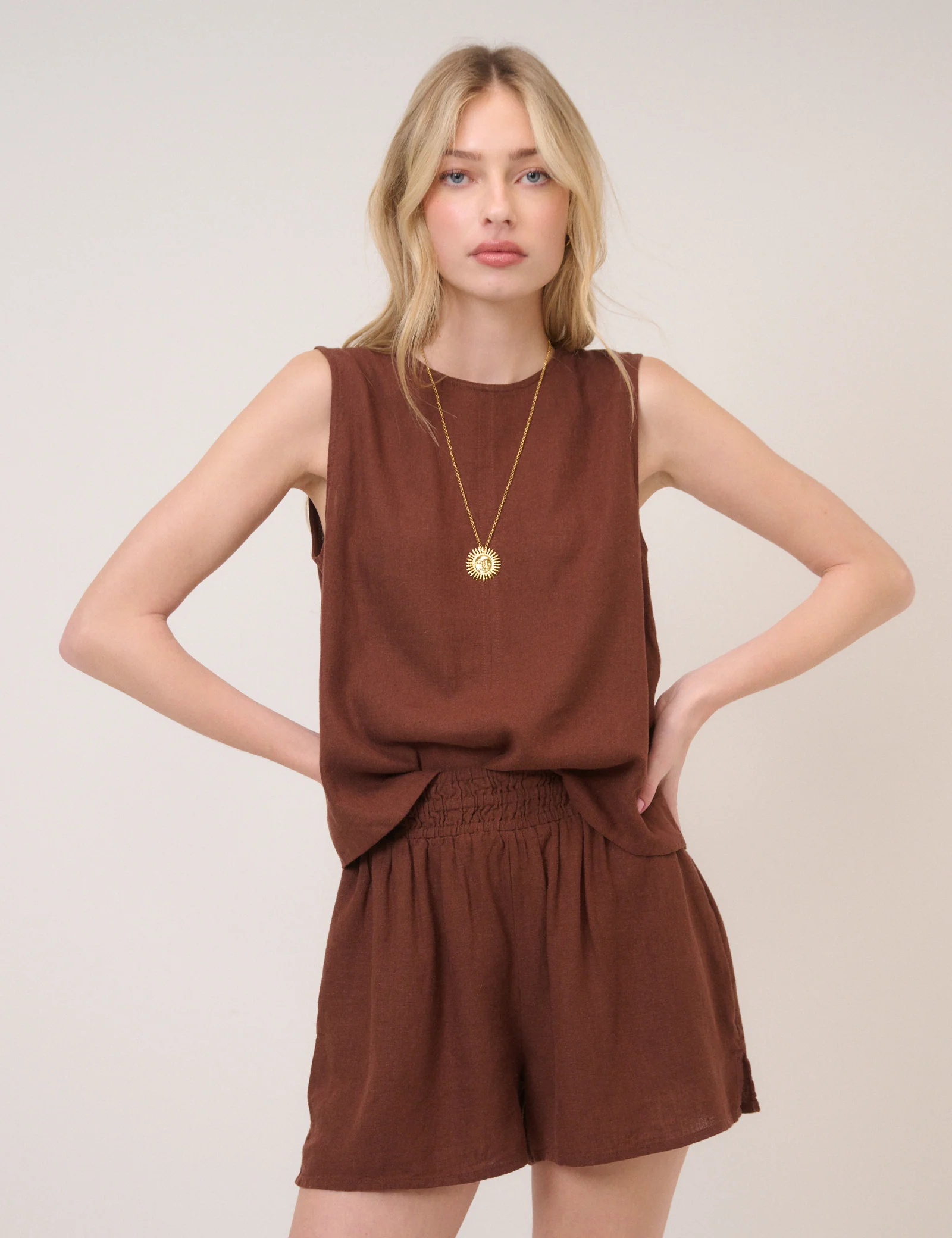 Brown Linen-Blend Elasticated Waist Shorts - Image 2