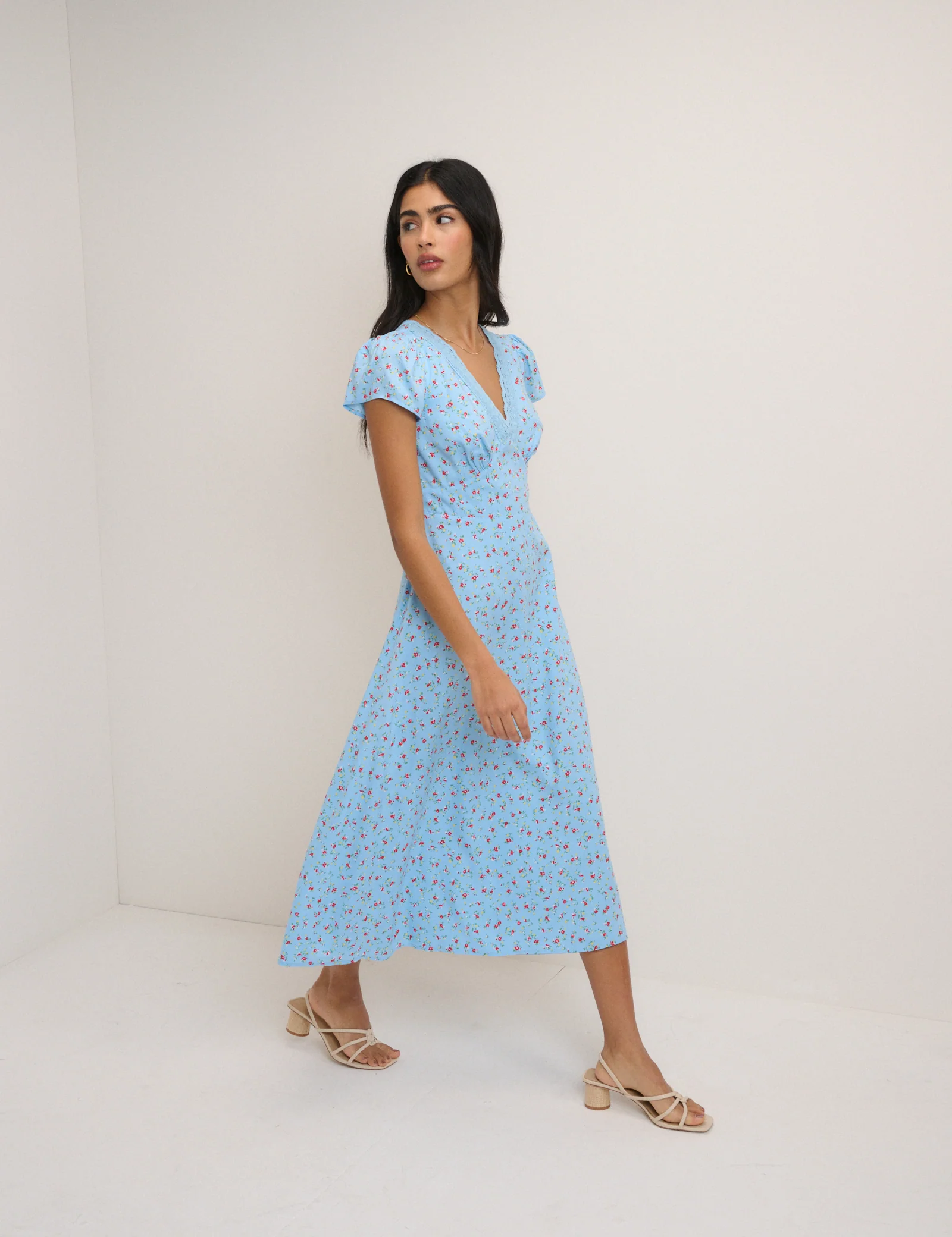 Blue Floral Lace Trim Kacey Midi Dress