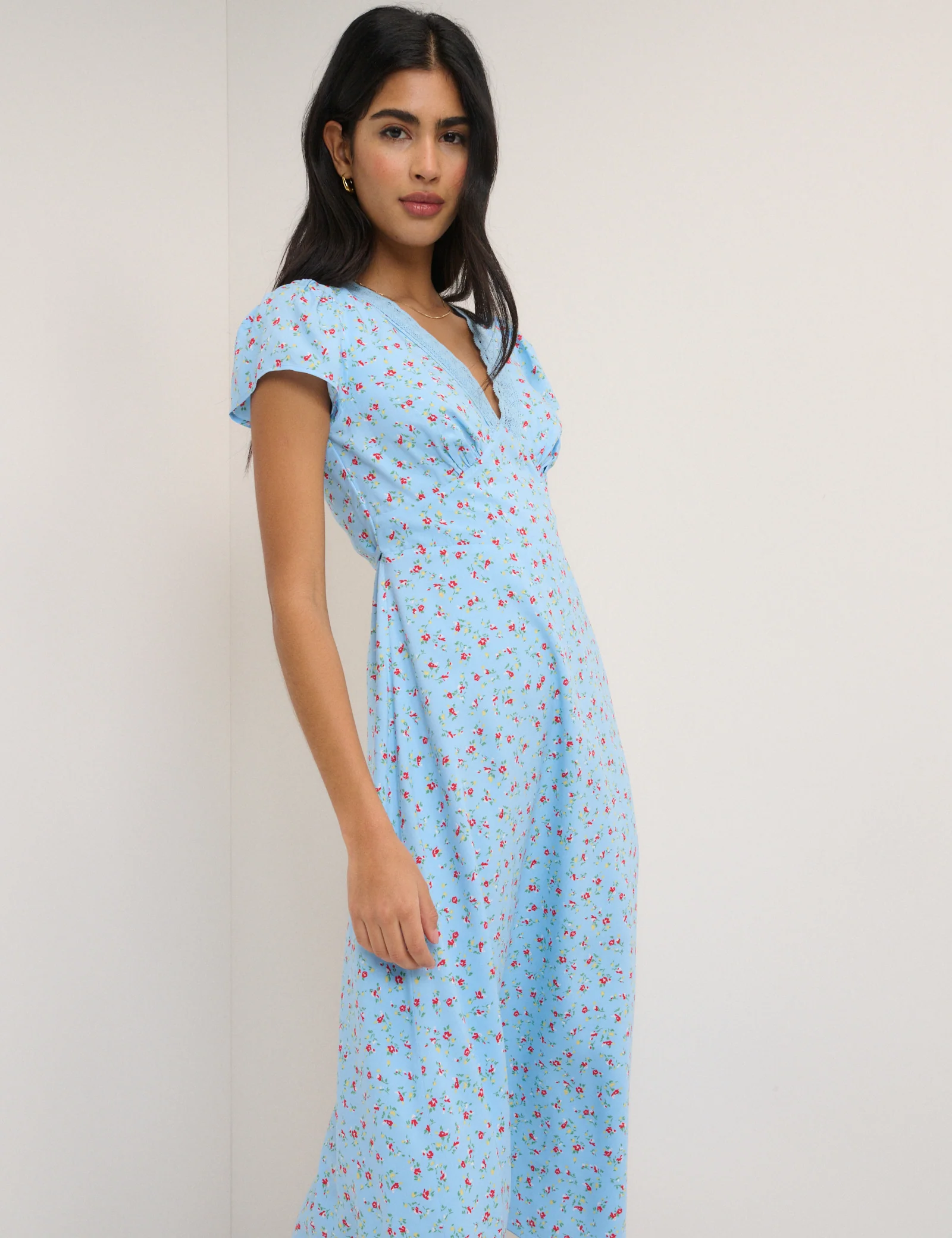 Blue Floral Lace Trim Kacey Midi Dress - Image 2