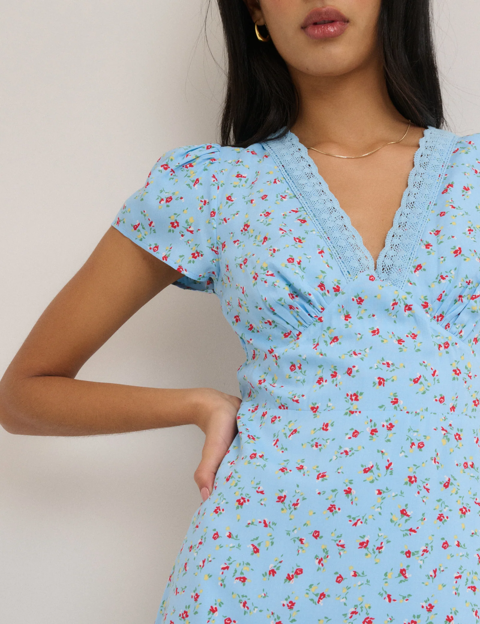 Blue Floral Lace Trim Kacey Midi Dress - Image 3