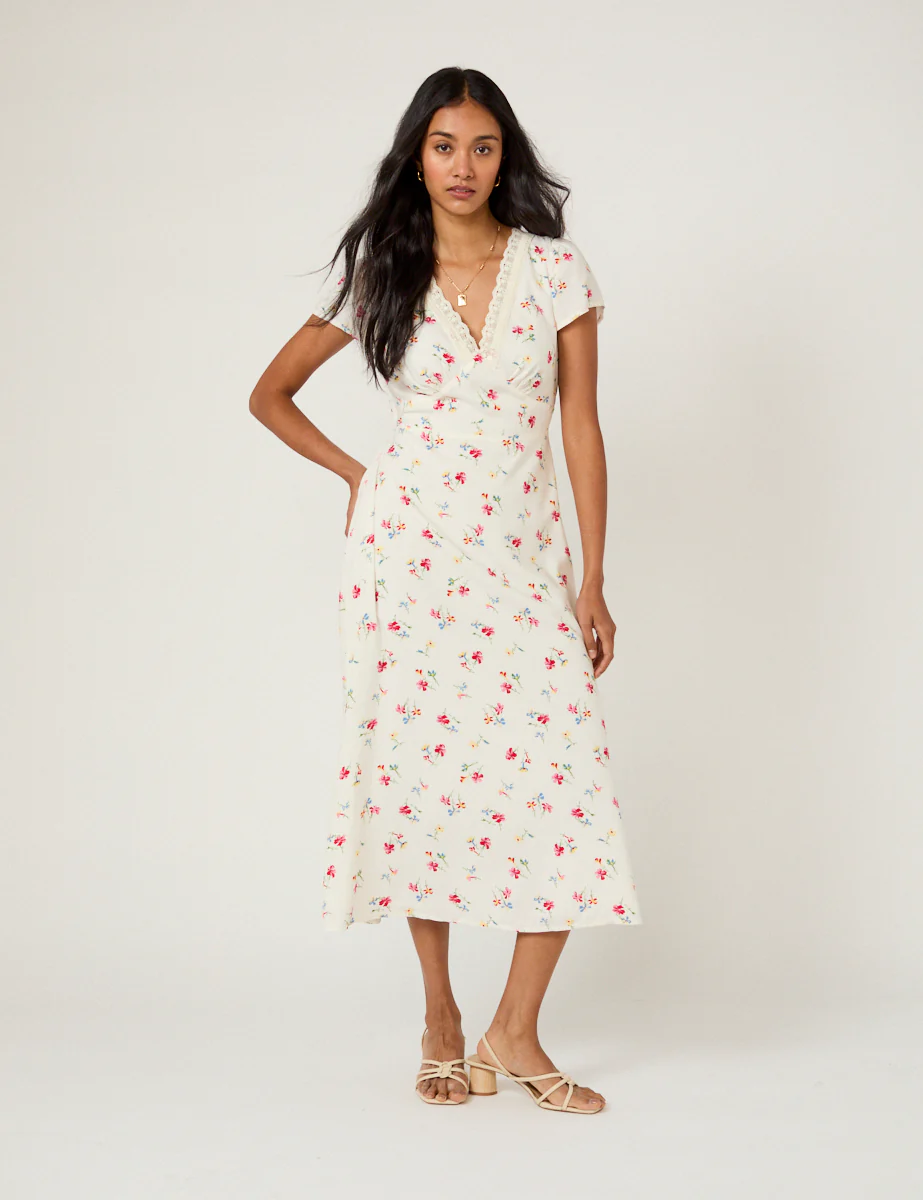 White Floral Lace Trim Kacey Midi Dress