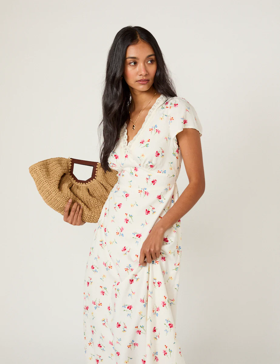 White Floral Lace Trim Kacey Midi Dress - Image 2