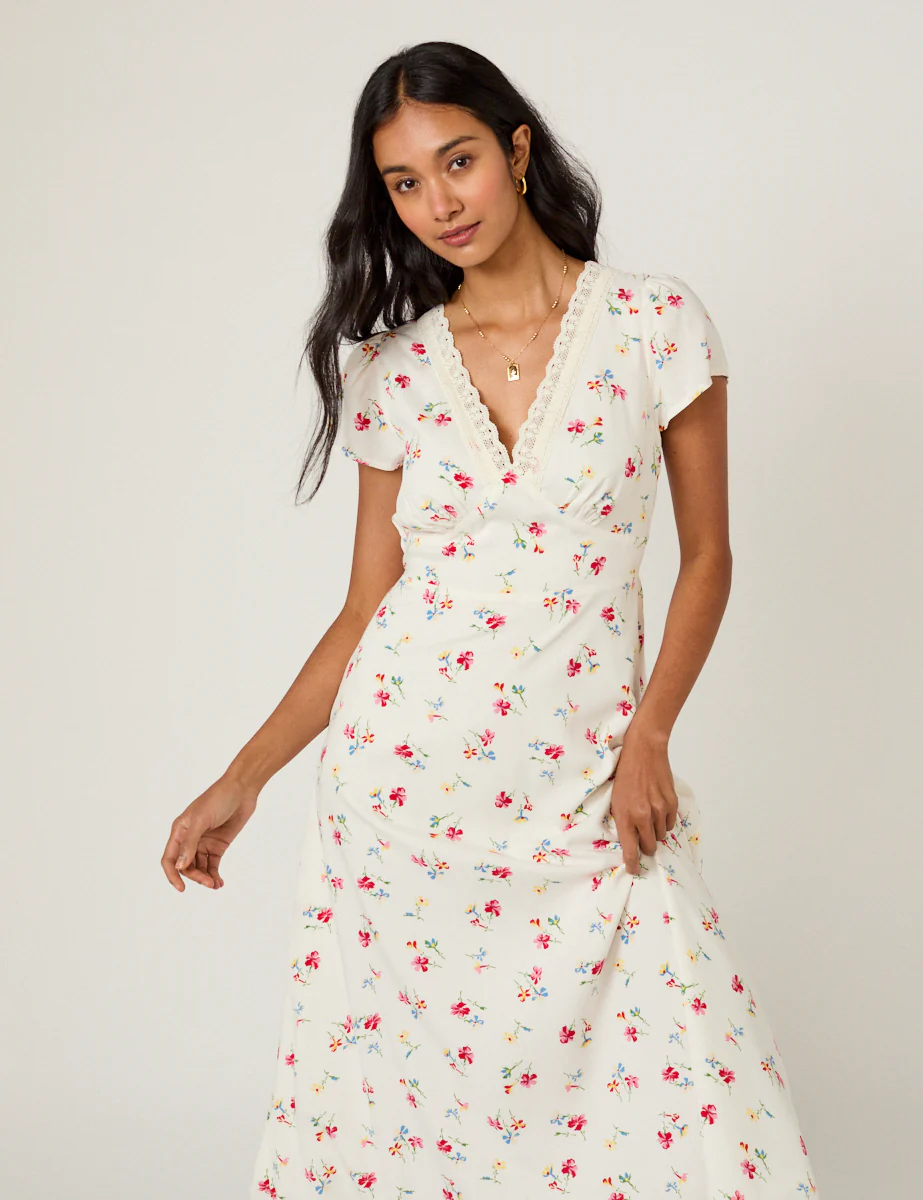 White Floral Lace Trim Kacey Midi Dress - Image 4