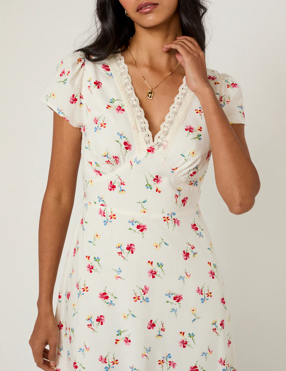 White Floral Lace Trim Kacey Midi Dress - Image 5