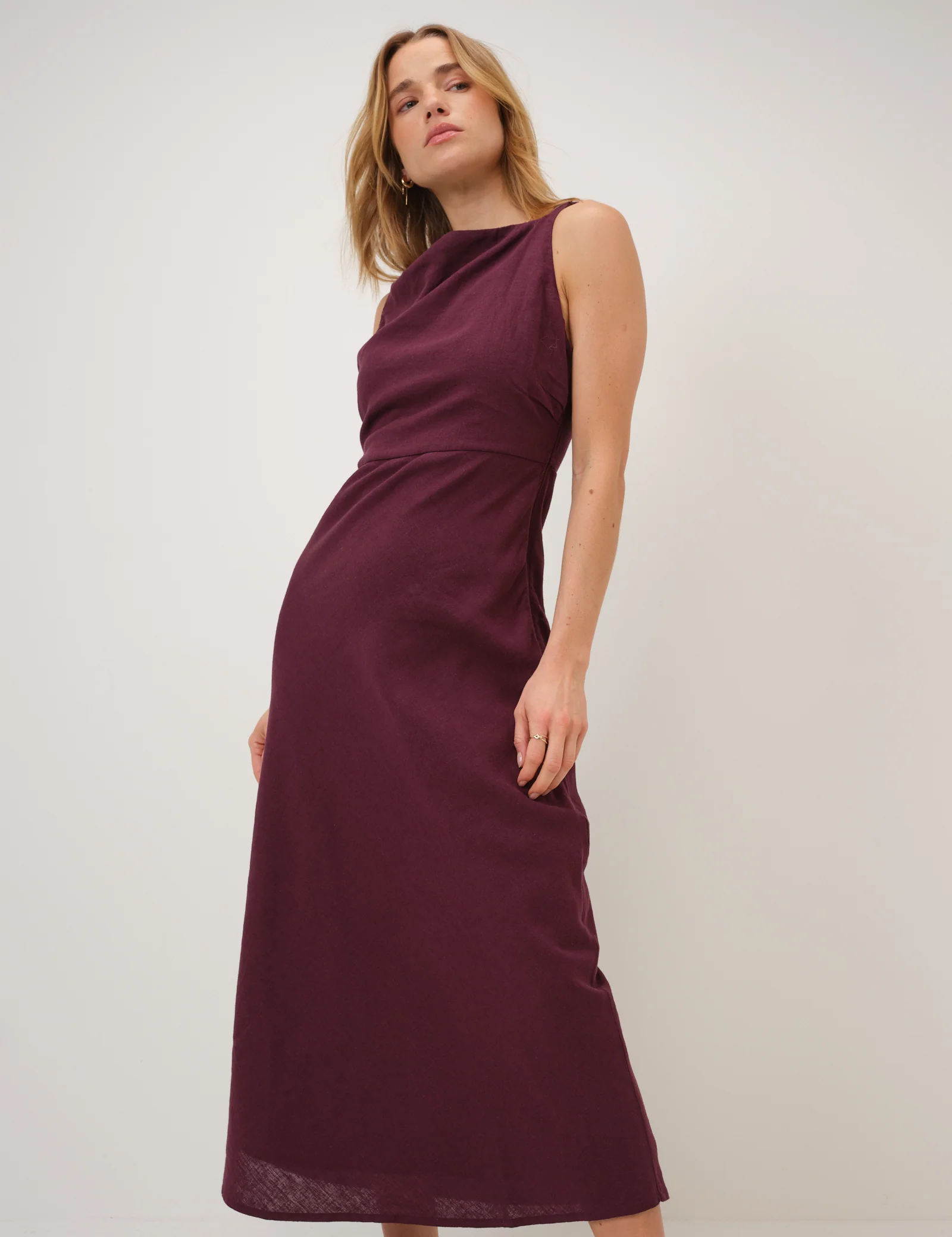 Plum Linen-Blend Kalani Midi Dress