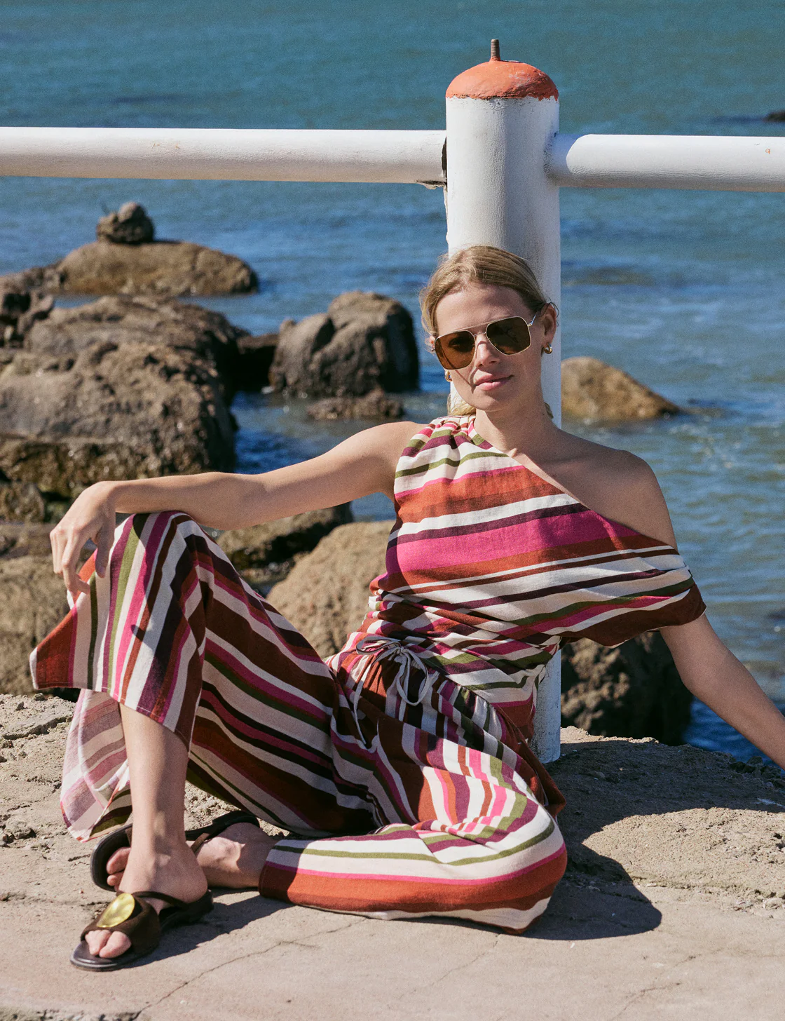 Multi-Coloured Striped Linen-Blend One Shoulder Top - Image 3