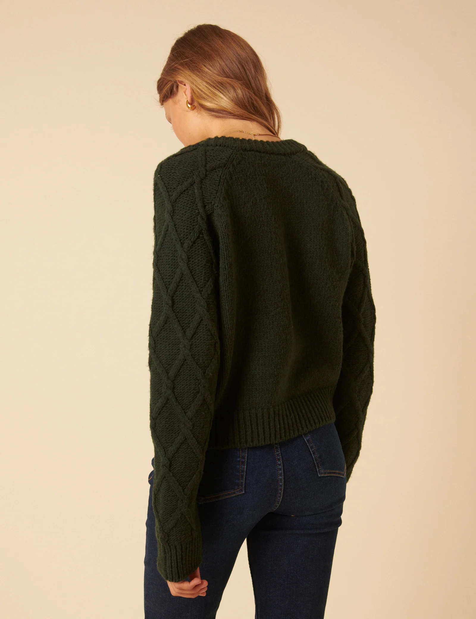 Khaki Cable Knit Crew Neck Cardigan - Image 5