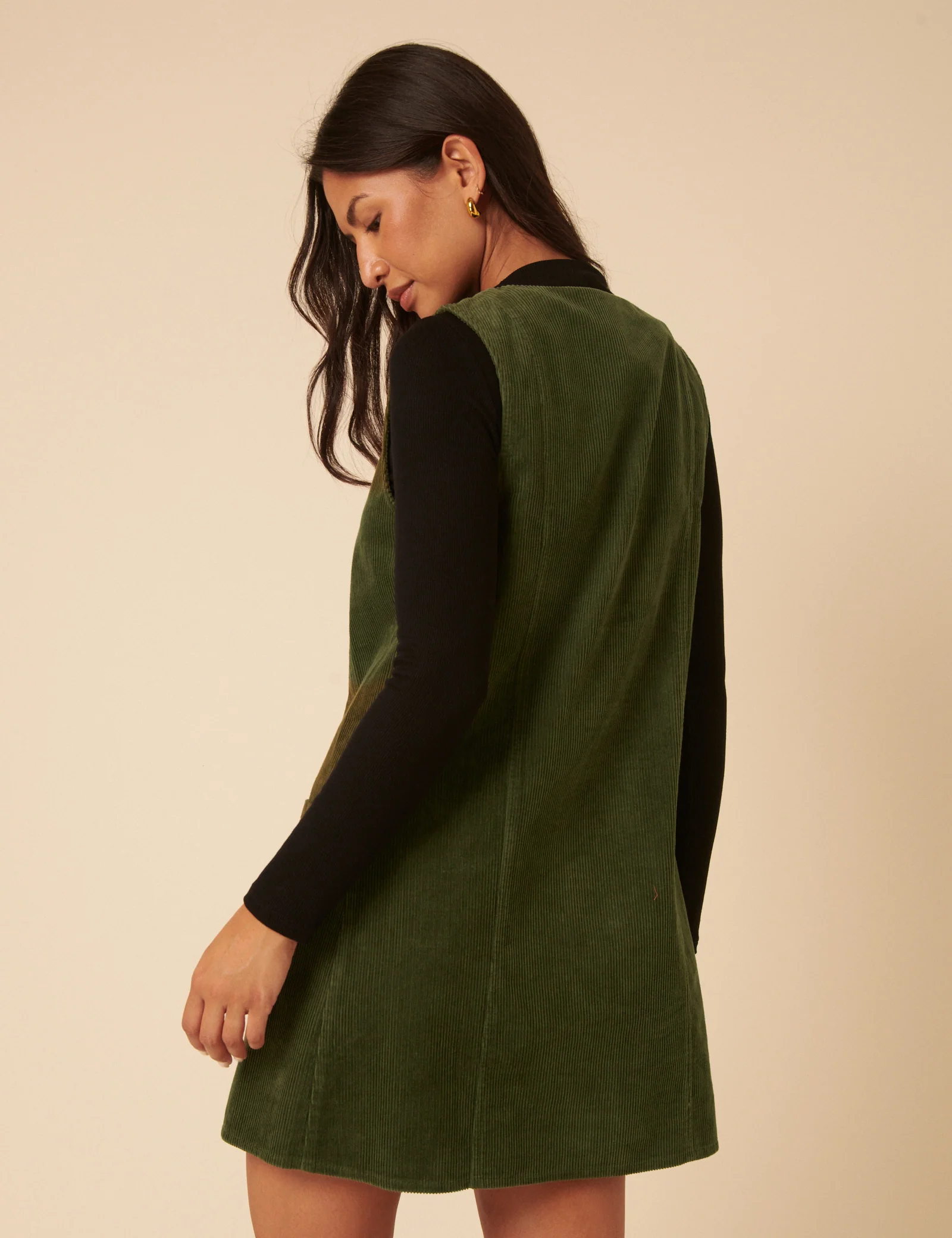 Khaki Cord Alessa Pinafore Mini Dress - Image 5
