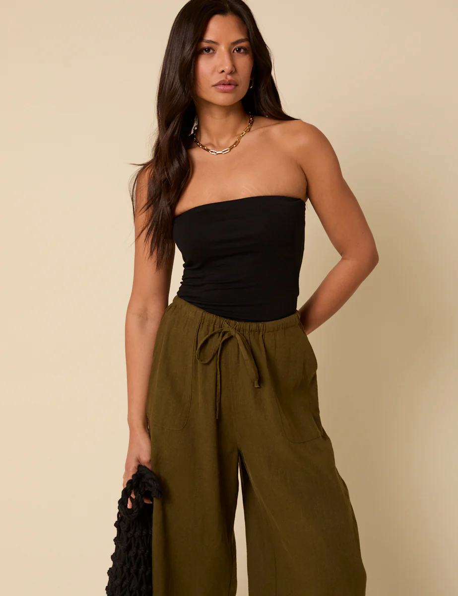 Khaki Linen-Blend Cropped Shona Trousers - Image 3
