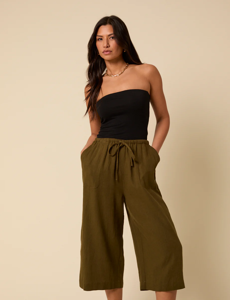 Khaki Linen-Blend Cropped Shona Trousers - Image 4