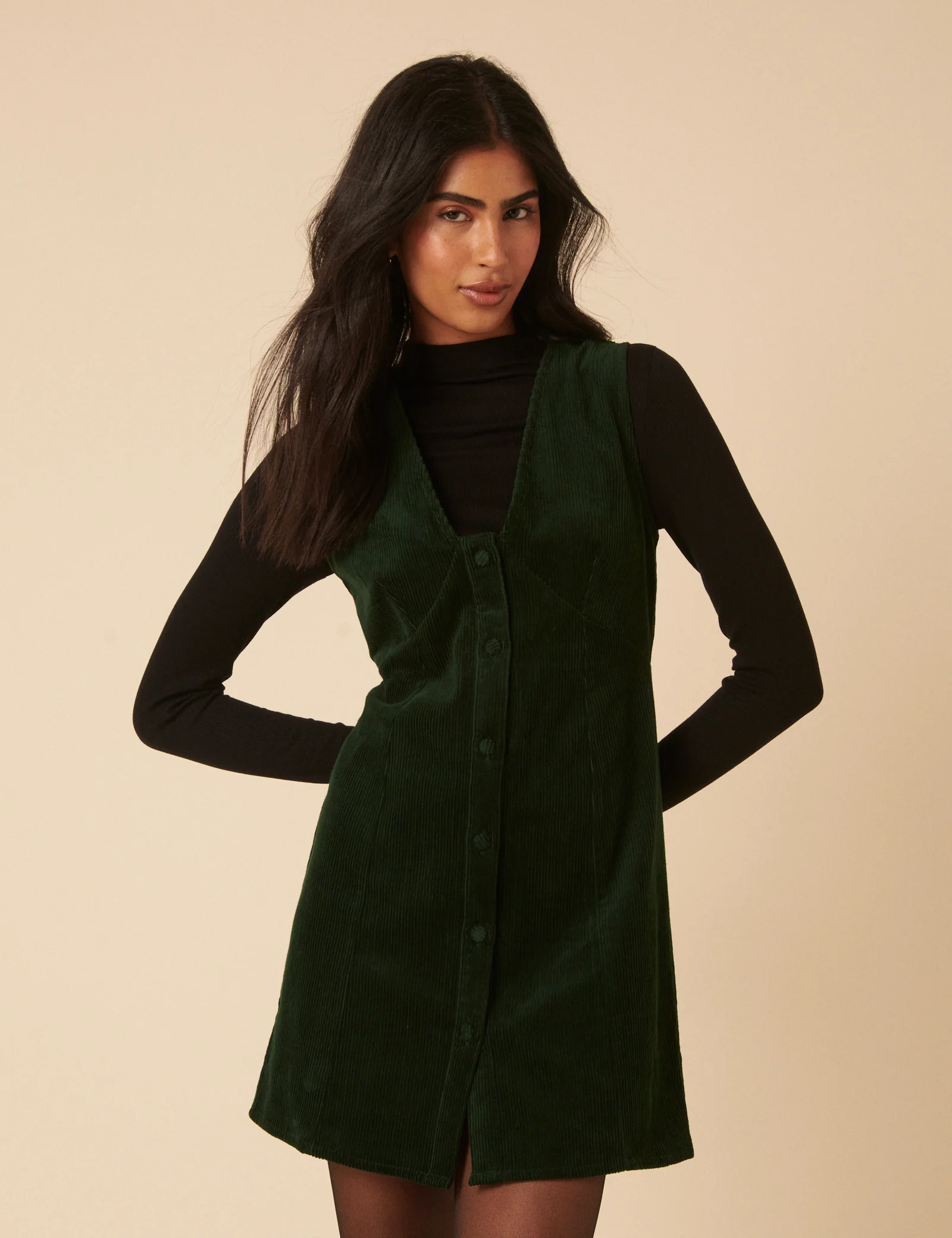 Khaki Green Cord Gianna Pinafore Mini Dress - Image 2