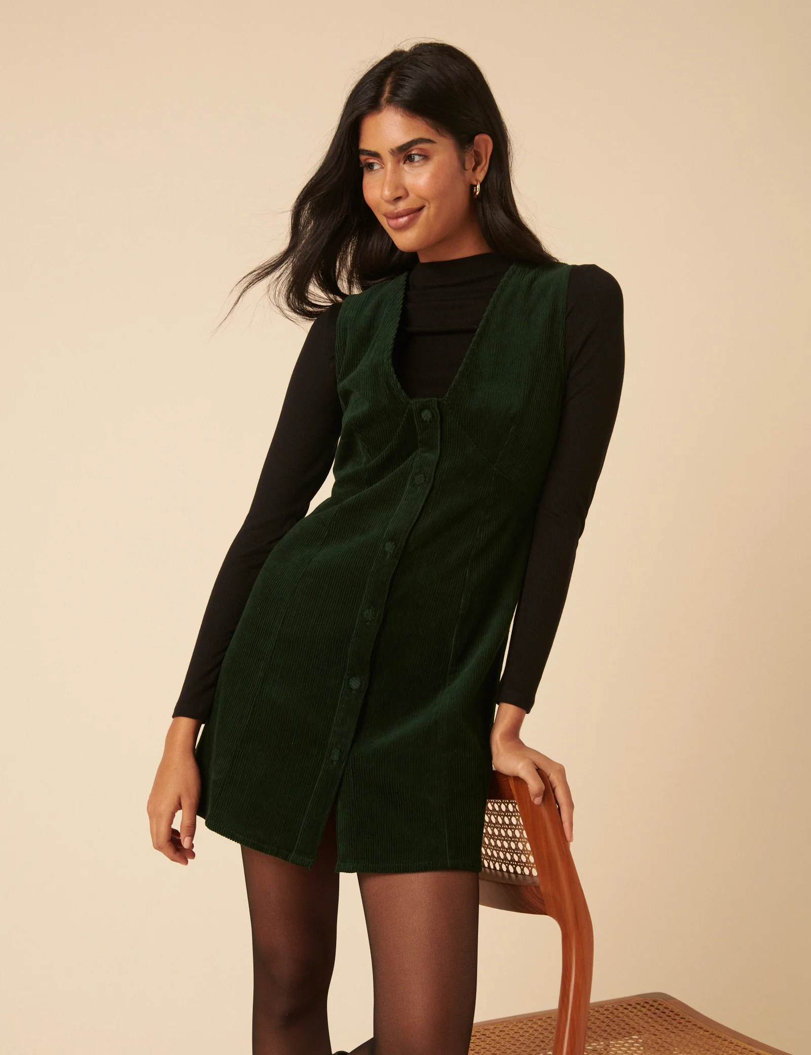 Khaki Green Cord Gianna Pinafore Mini Dress - Image 4