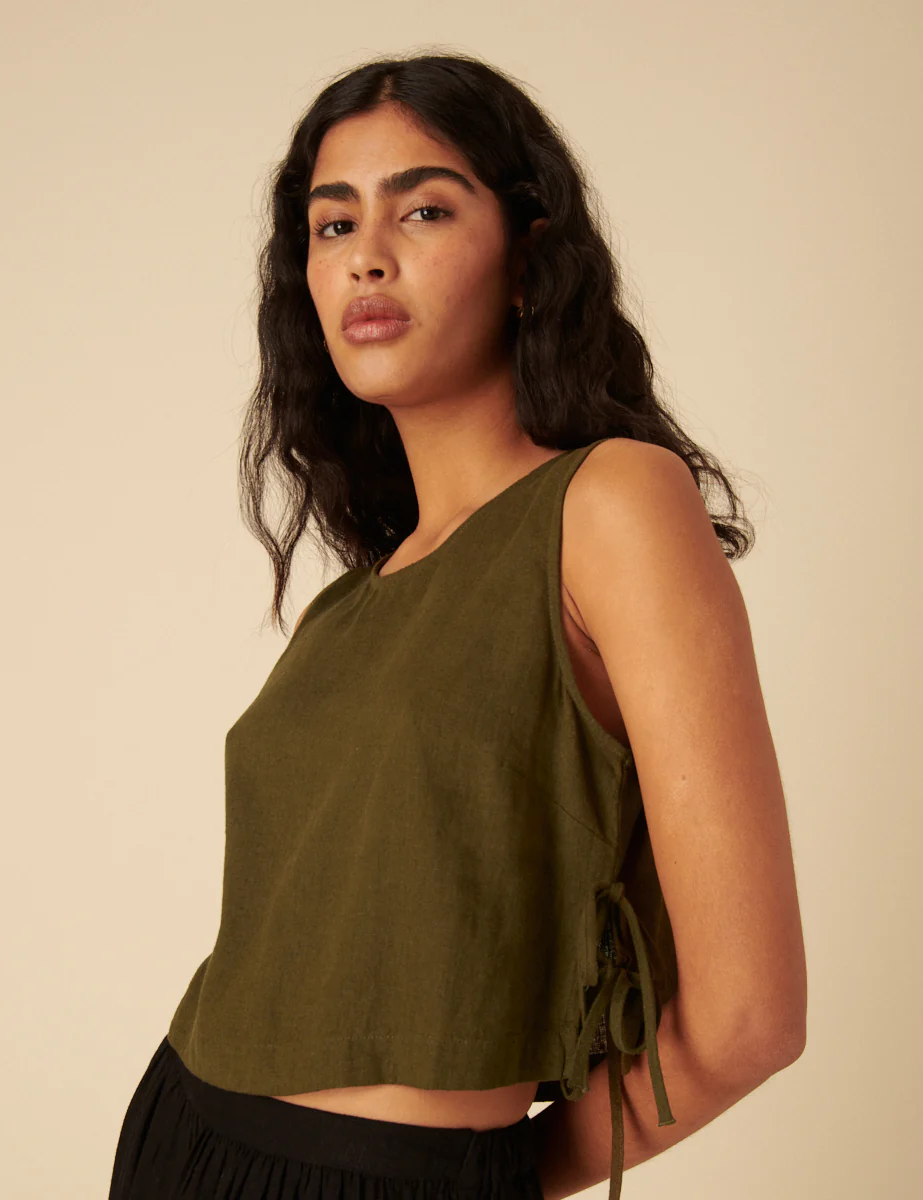 Khaki Green Linen-Blend Side Tie Sleeveless Top - Image 2