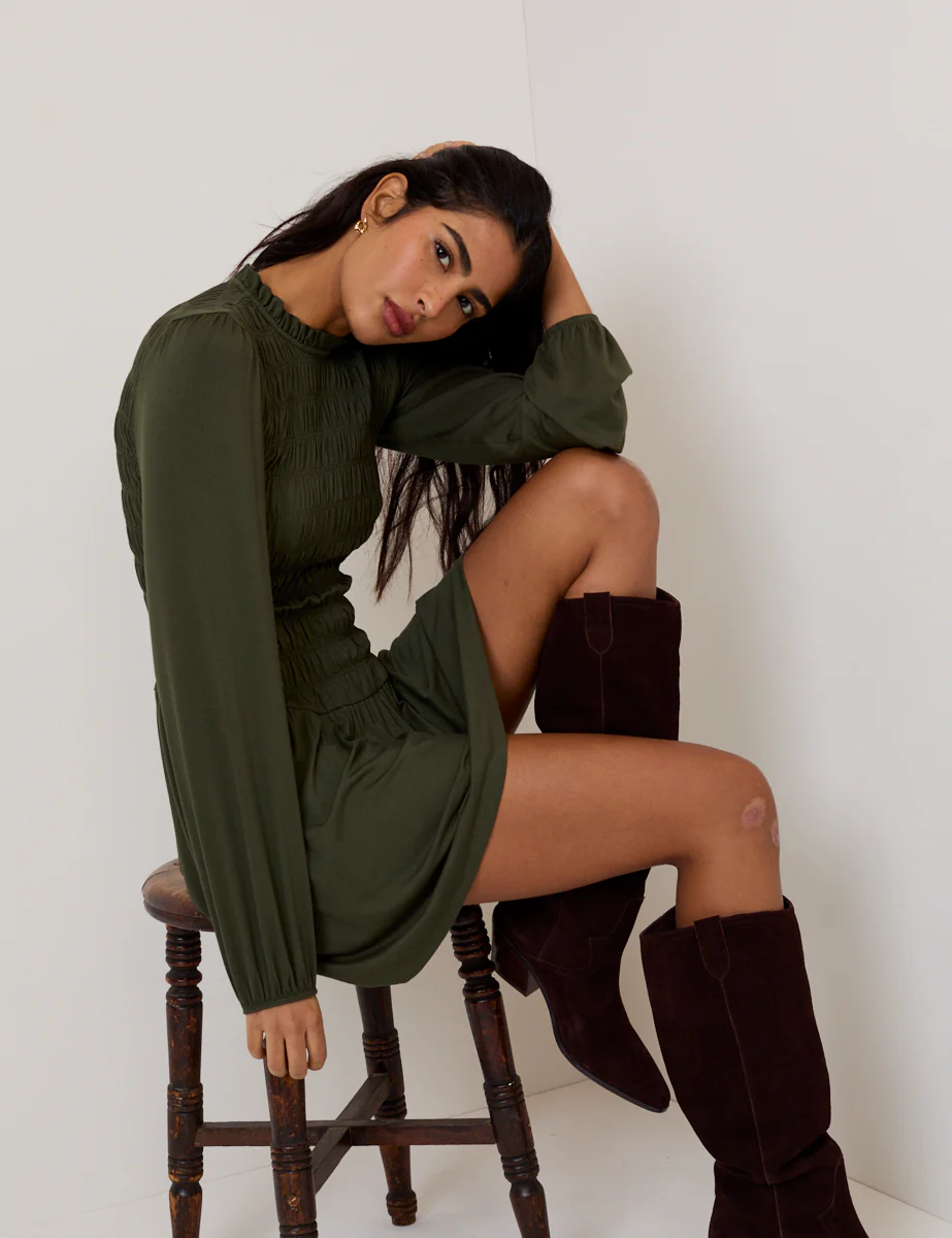 Khaki Green Ruched Siobhan Jersey Mini Dress - Image 4