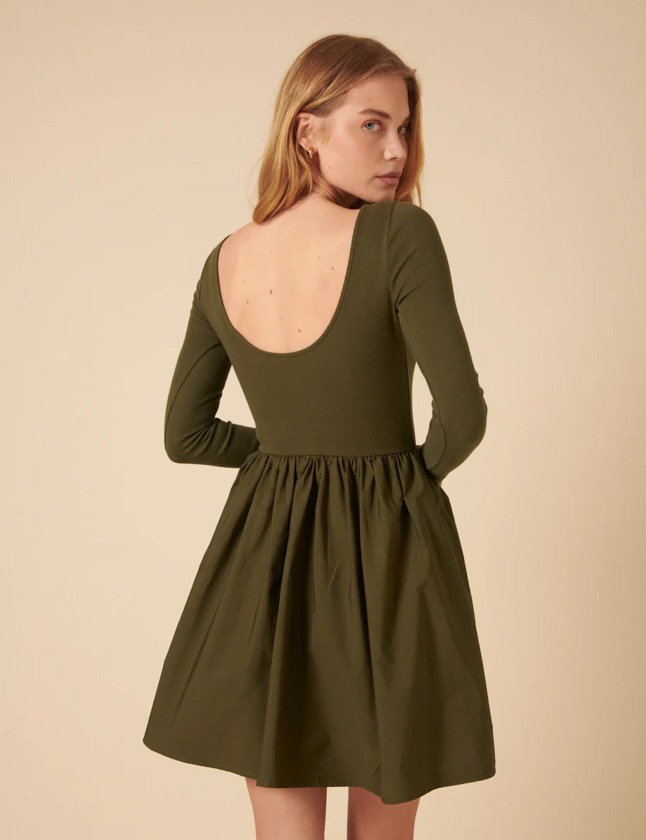 Khaki Long Sleeve A-Line Penni Mini Dress - Image 2