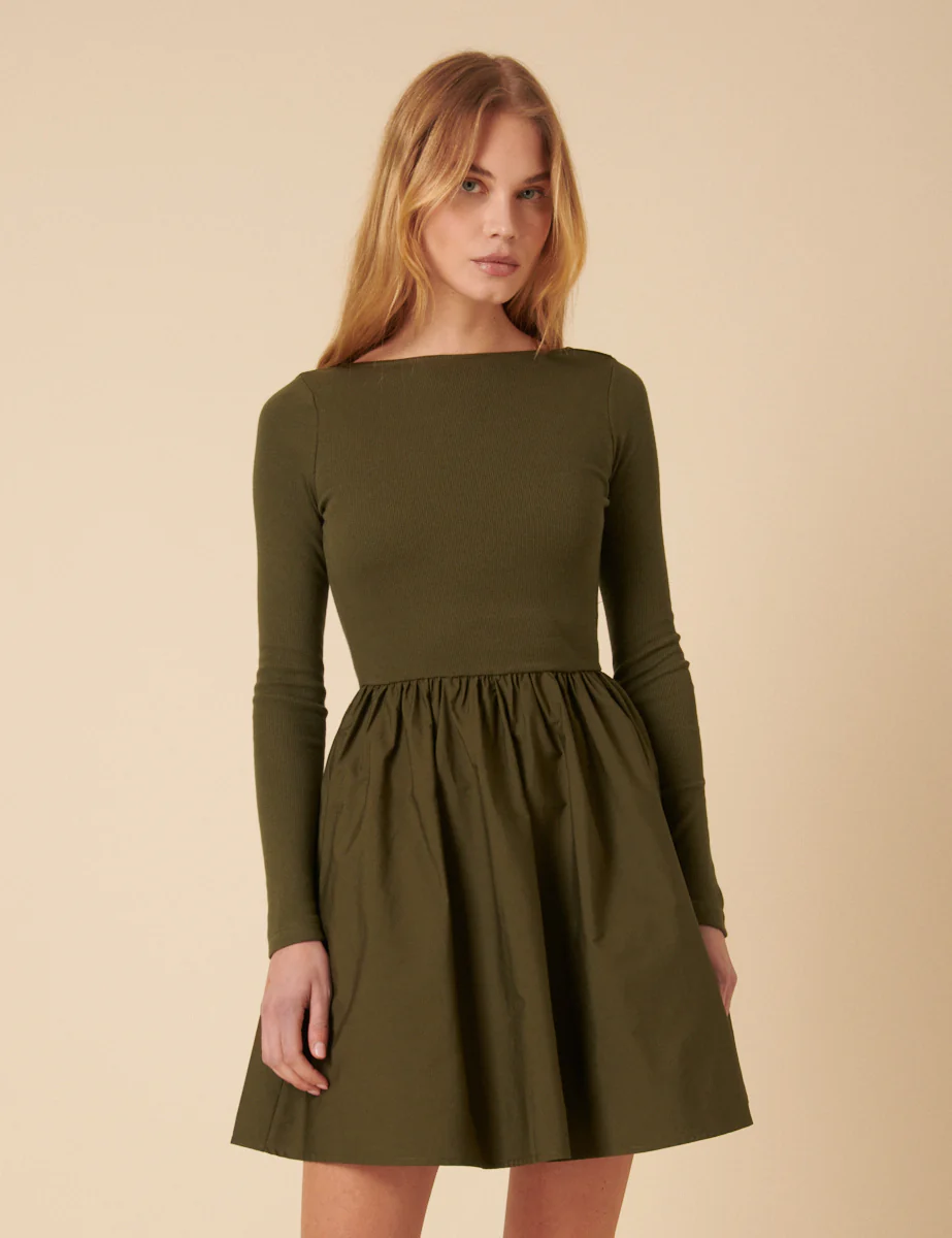 Khaki Long Sleeve A-Line Penni Mini Dress - Image 3