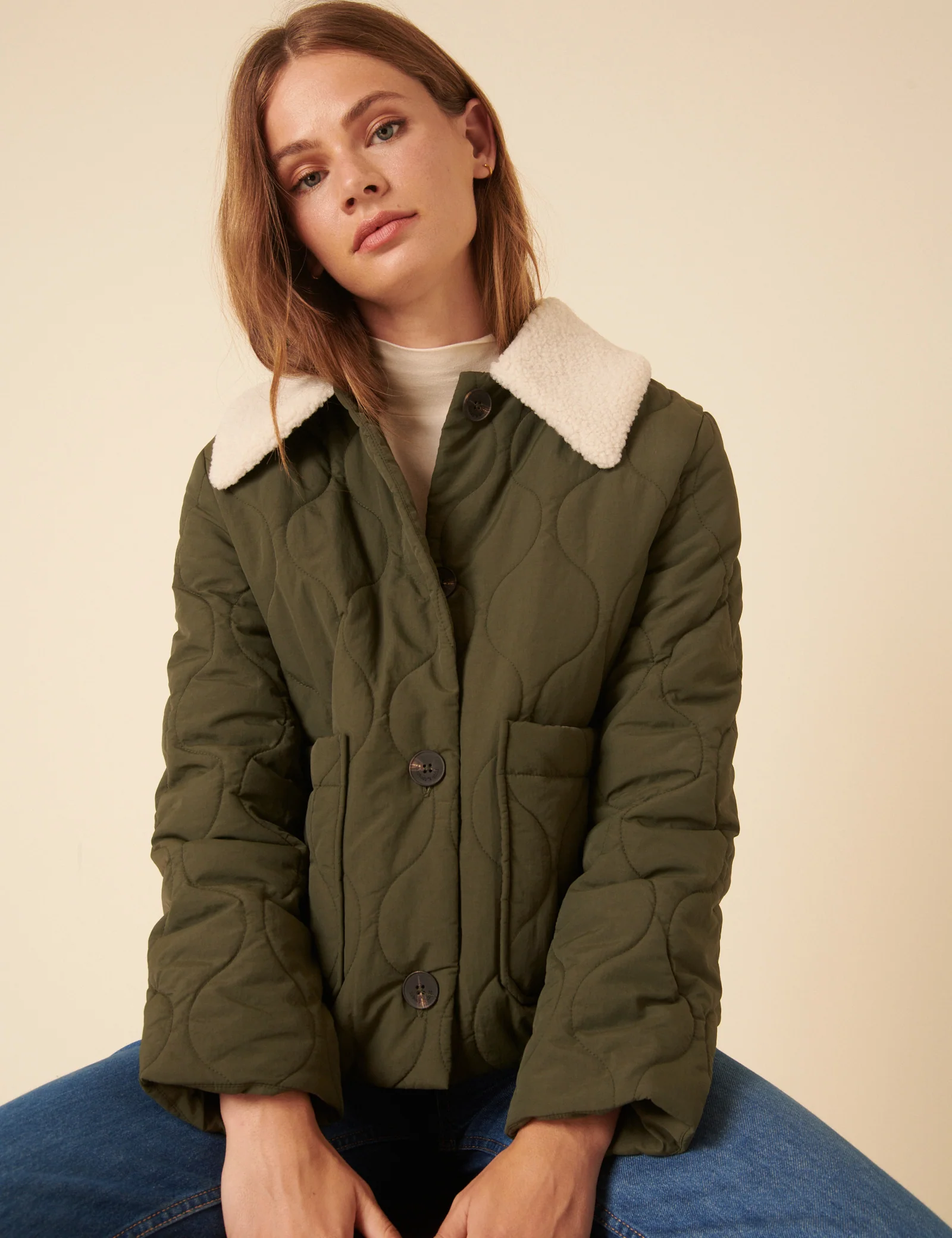 Khaki Quilted Borg Collar Jacket - Image 2