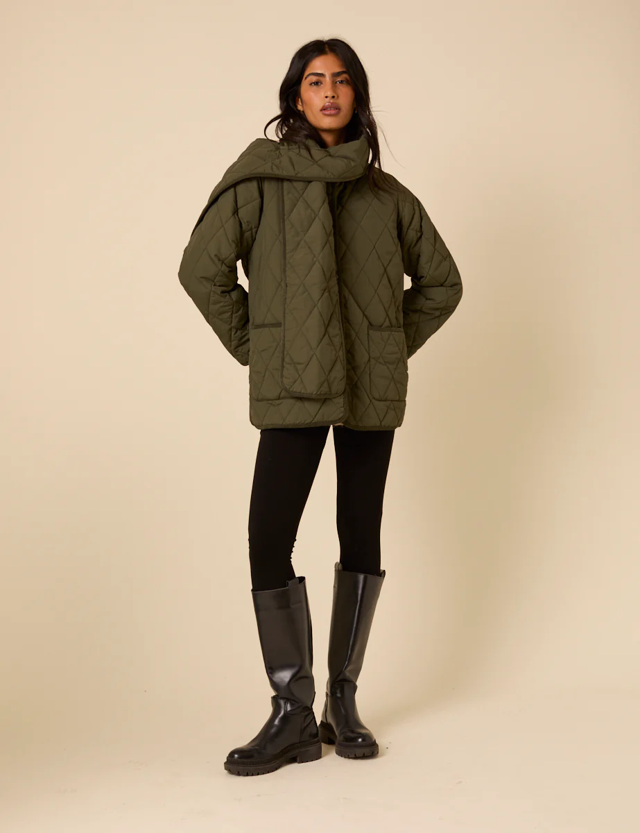 Khaki Quilted Detachable Scarf Coat - Image 4
