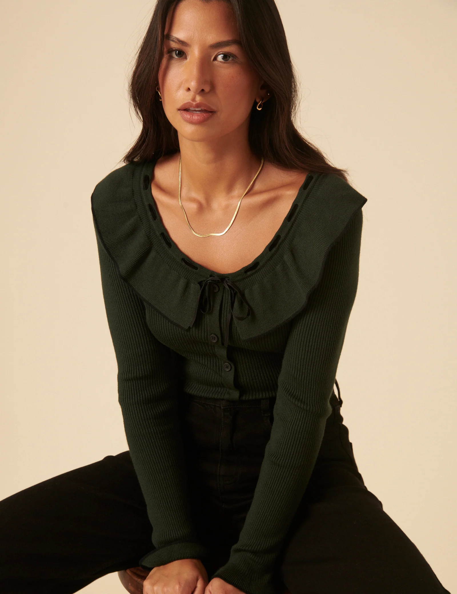 Khaki Ruffle Collar Knitted Top - Image 2