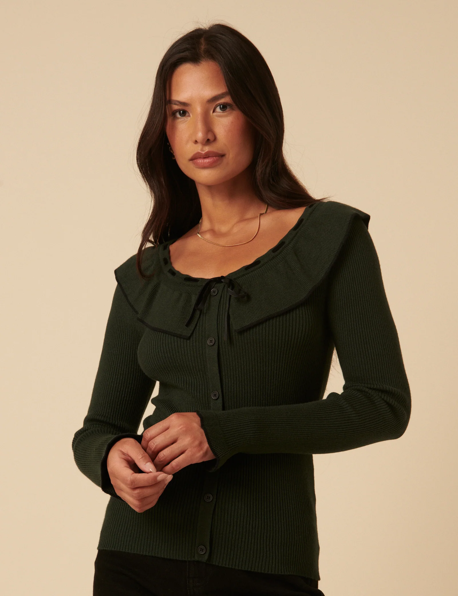 Khaki Ruffle Collar Knitted Top - Image 4