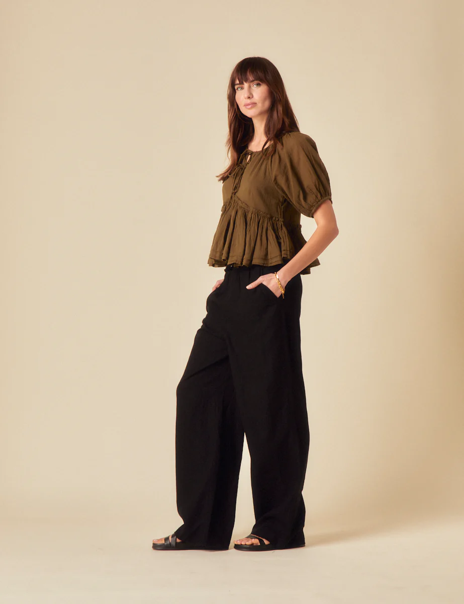 Khaki Tie Front Peplum Top - Image 5