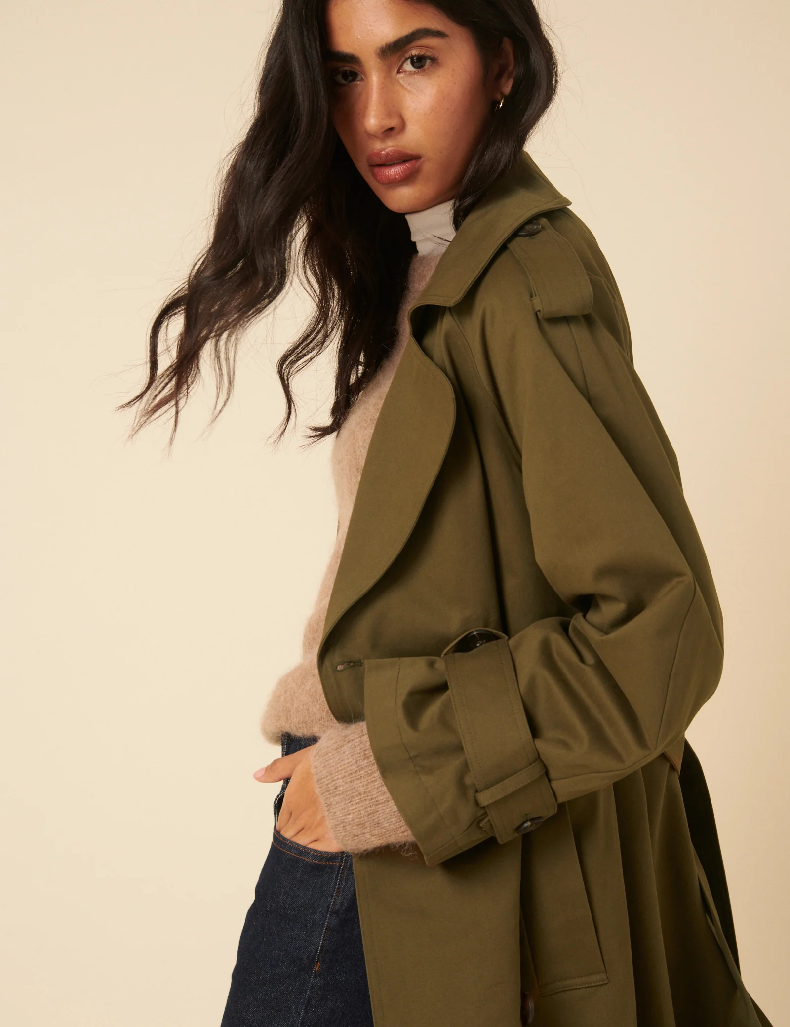 Khaki Green Double Breasted Trench Coat - Image 2
