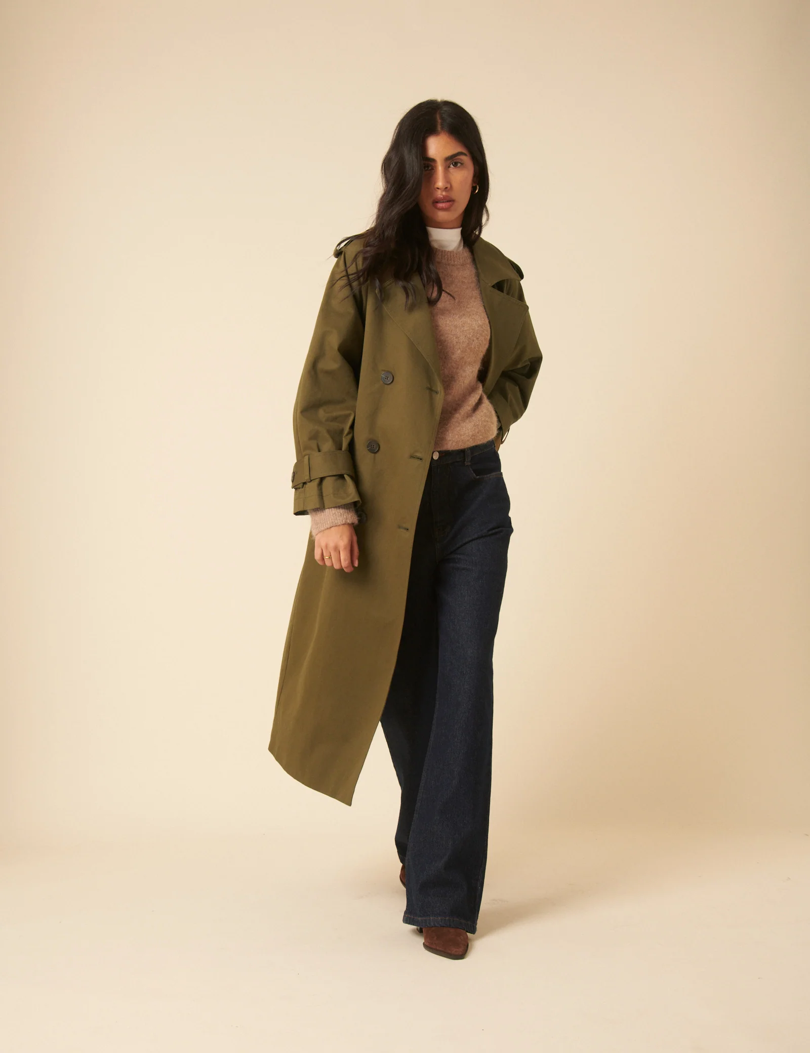 Khaki Green Double Breasted Trench Coat - Image 3