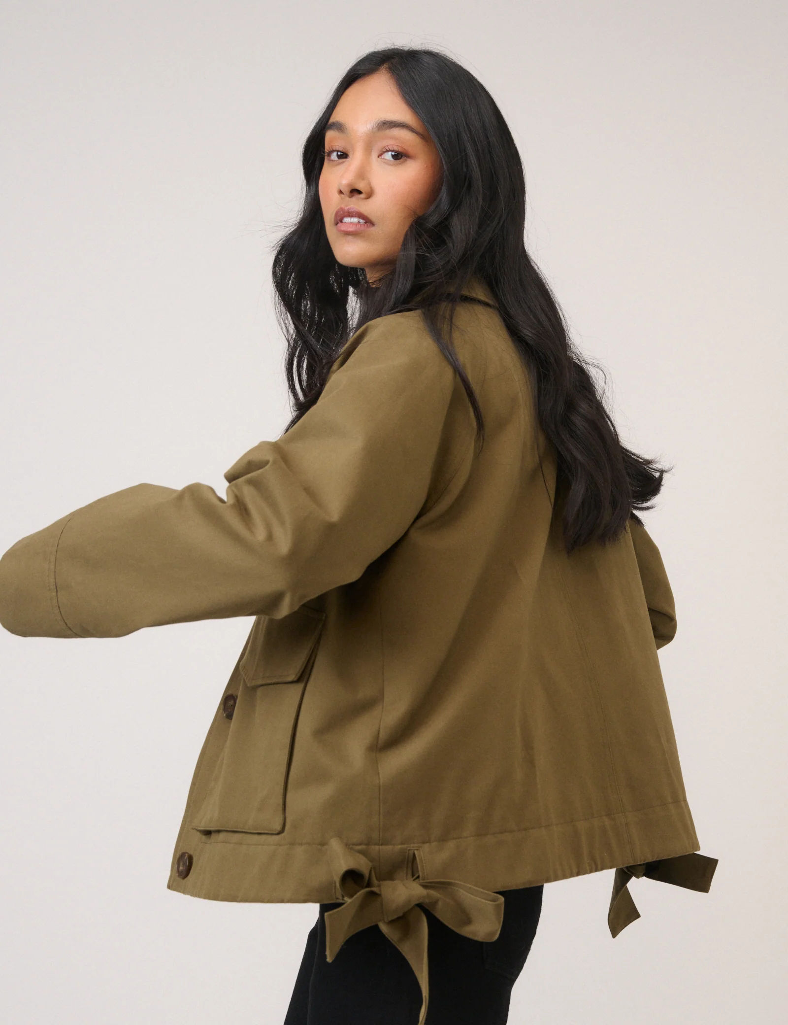 Khaki Green Bow Detail Jacket - Image 2