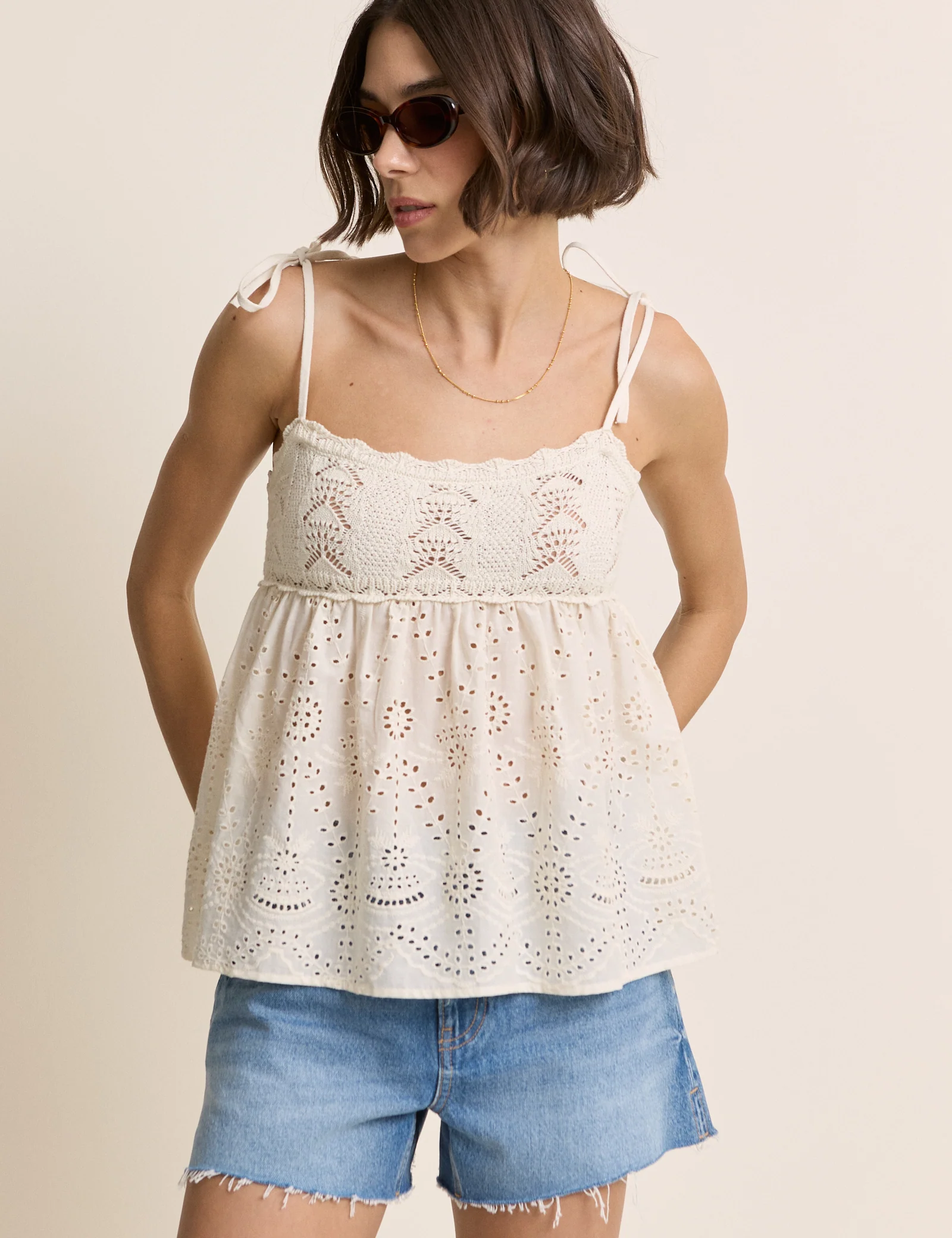 White Crochet Broderie Anglaise Cami Top - Image 3