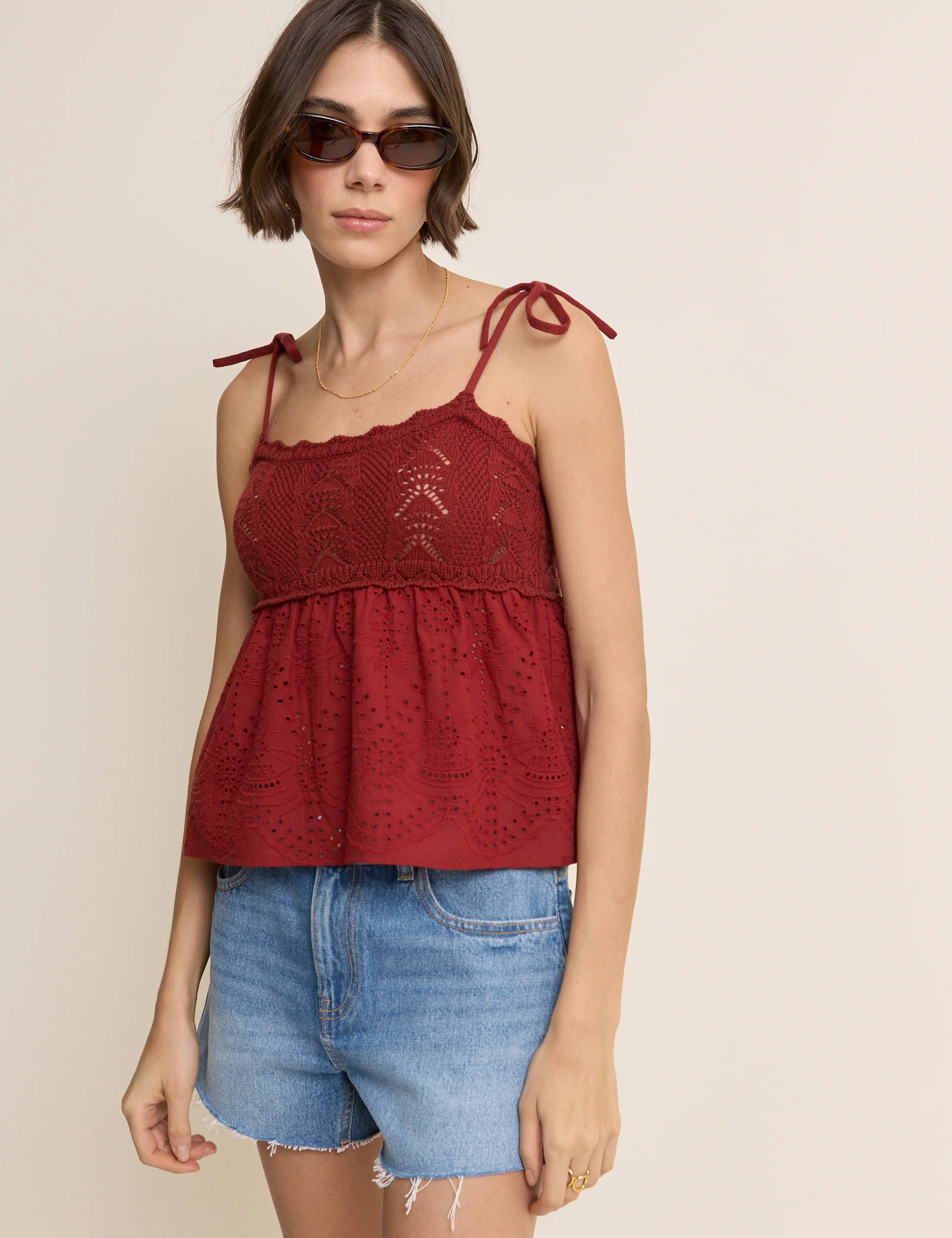 Red Crochet Broderie Anglaise Cami Top - Image 3