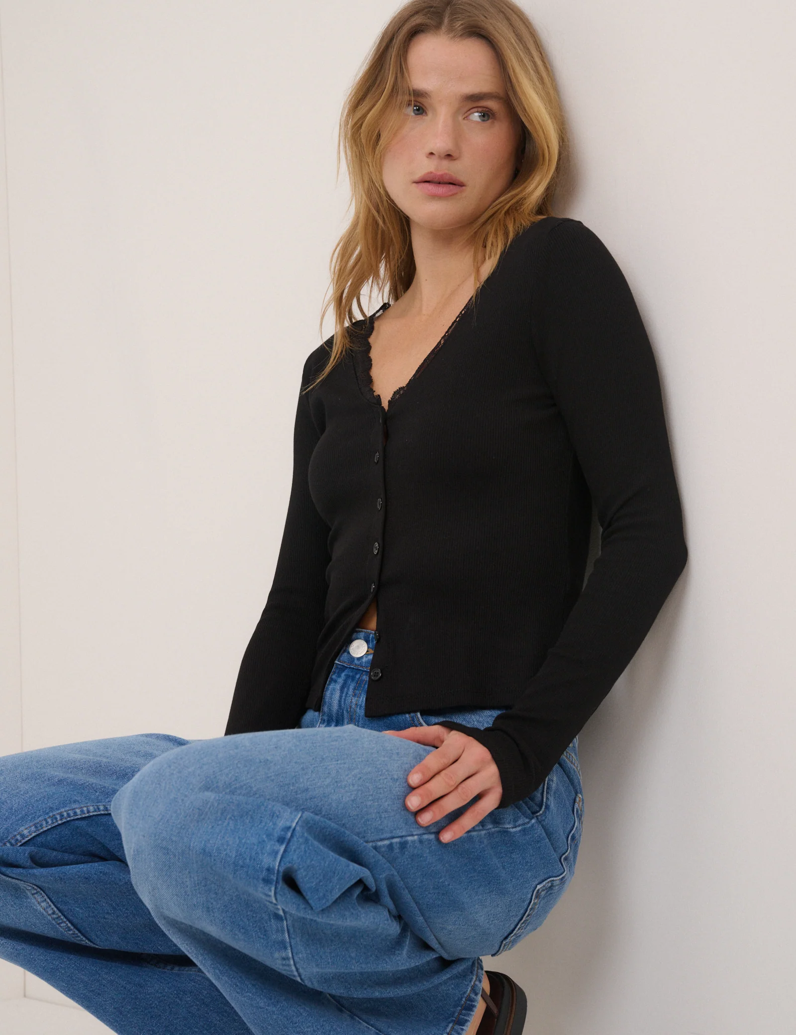 Black Lace Trim Jersey Cardigan - Image 5
