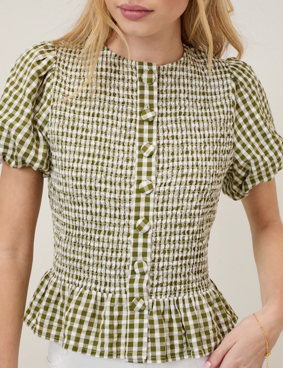 Green Gingham Puff Sleeve Top - Image 3