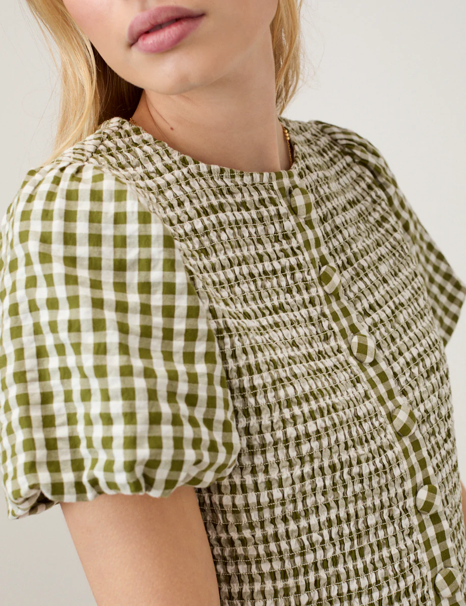 Green Gingham Puff Sleeve Top - Image 4