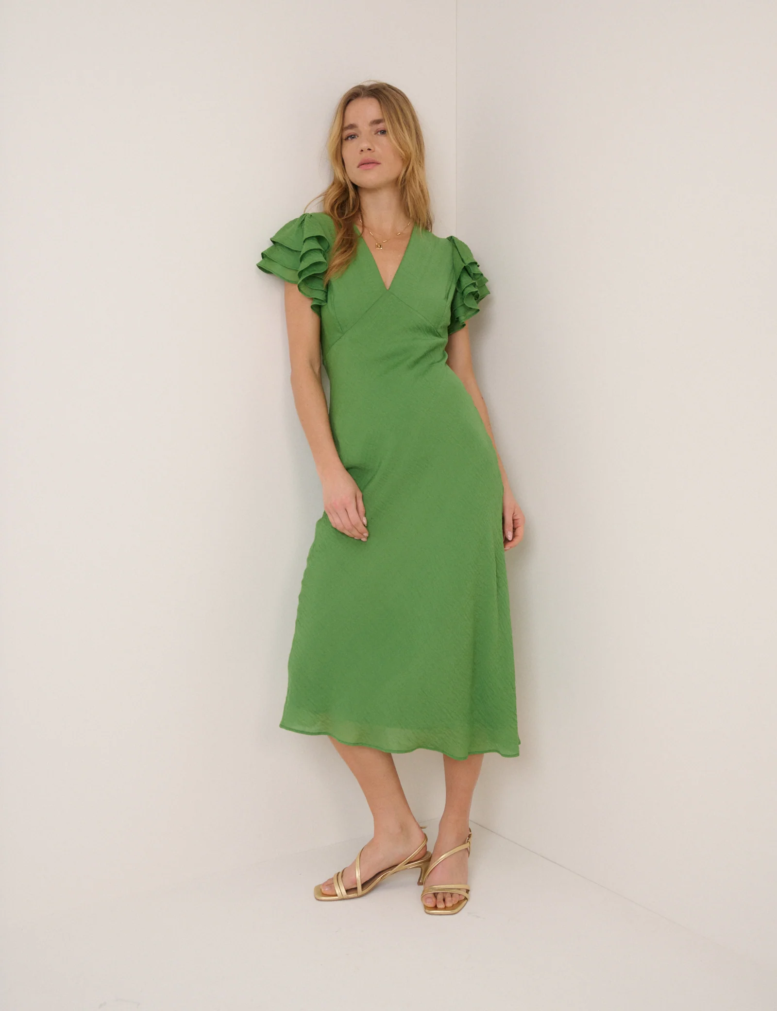 Green Frill Sleeve Layla Midi Dress - Image 3