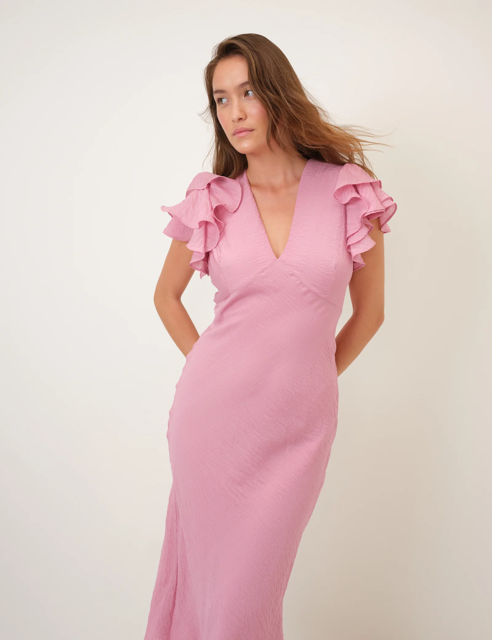 Pink Frill Sleeve Layla Midi Dress - Image 3