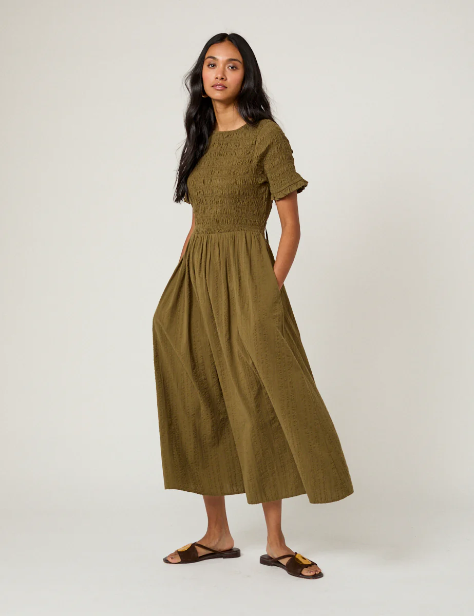 Khaki Shirred Leah Midi Dress - Image 4