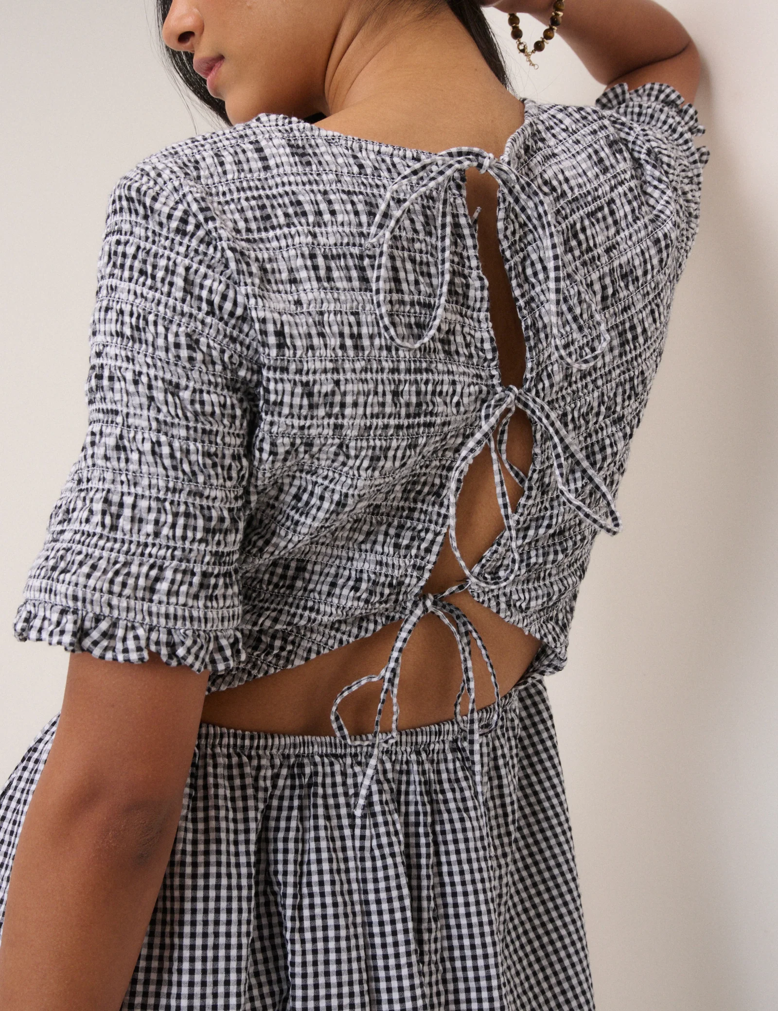 Black Gingham Shirred Leah Midi Dress - Image 2