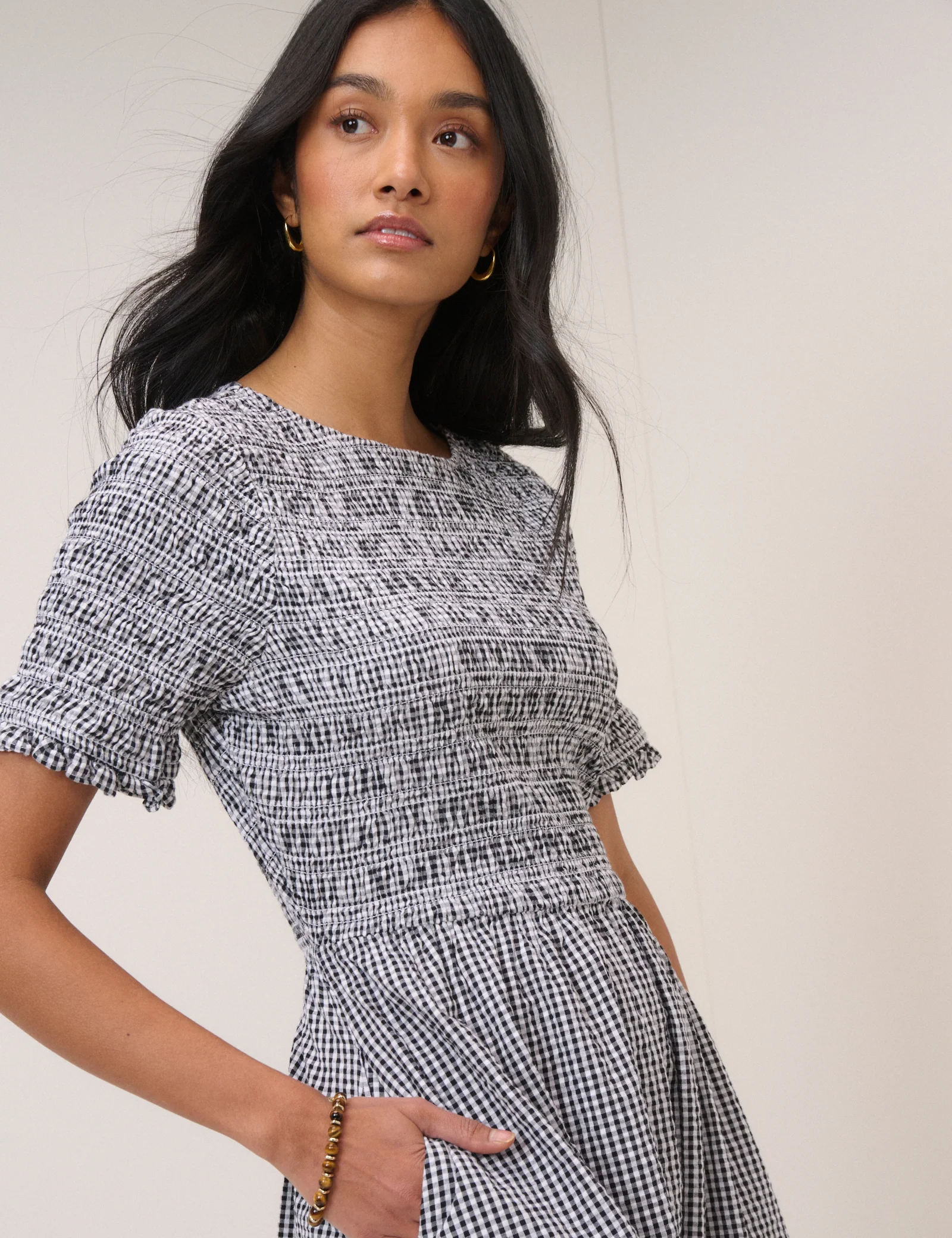 Black Gingham Shirred Leah Midi Dress - Image 3