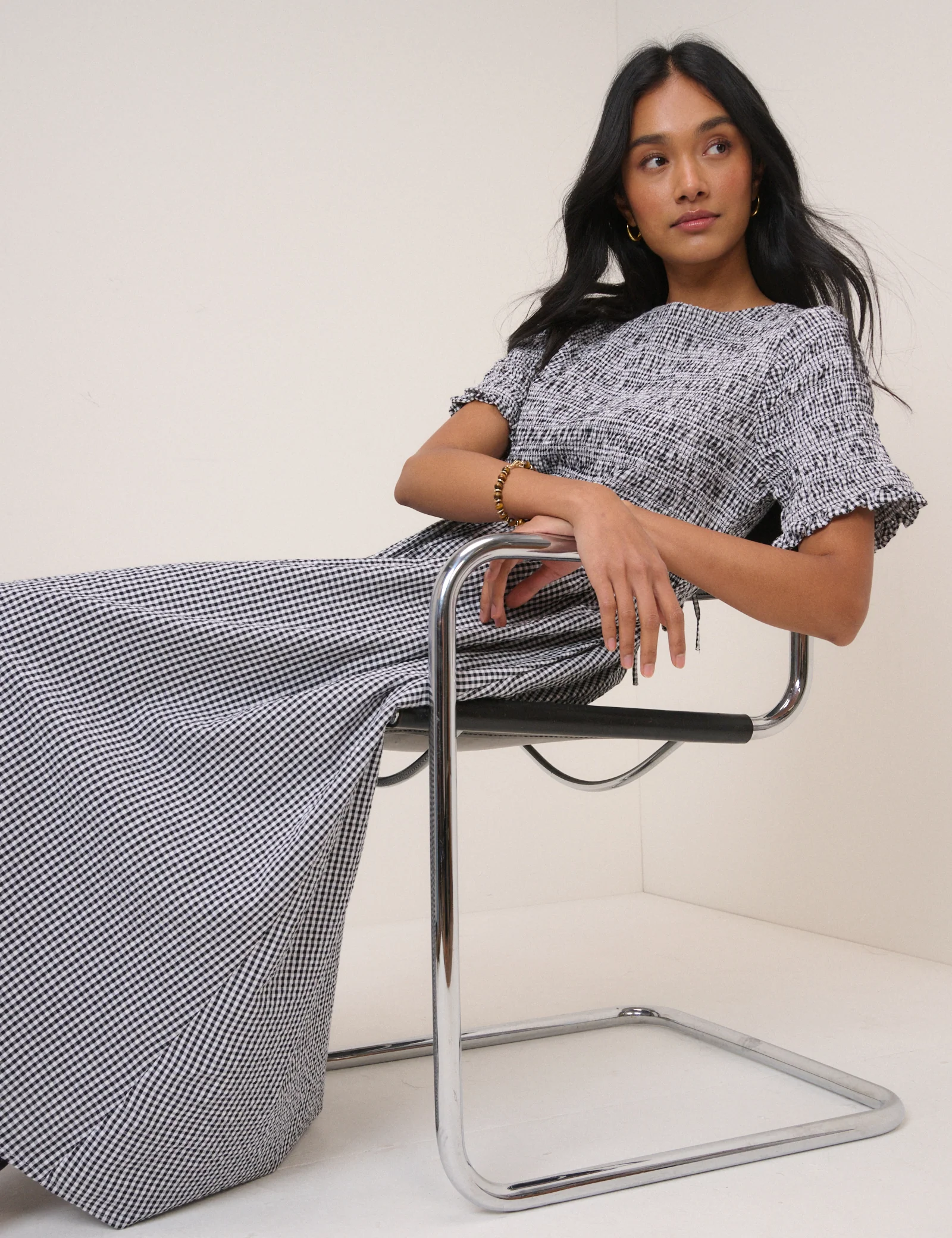 Black Gingham Shirred Leah Midi Dress - Image 4