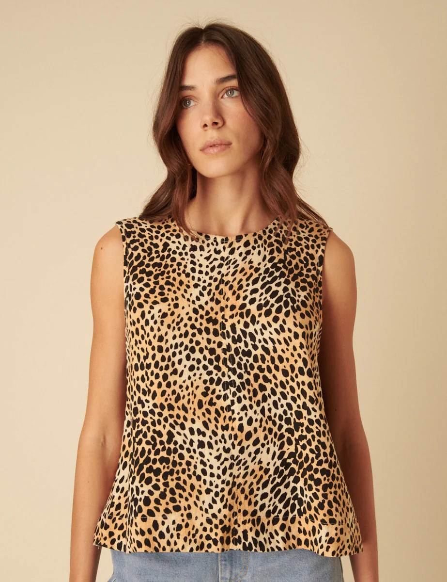 Leopard Linen-Blend Swing Top