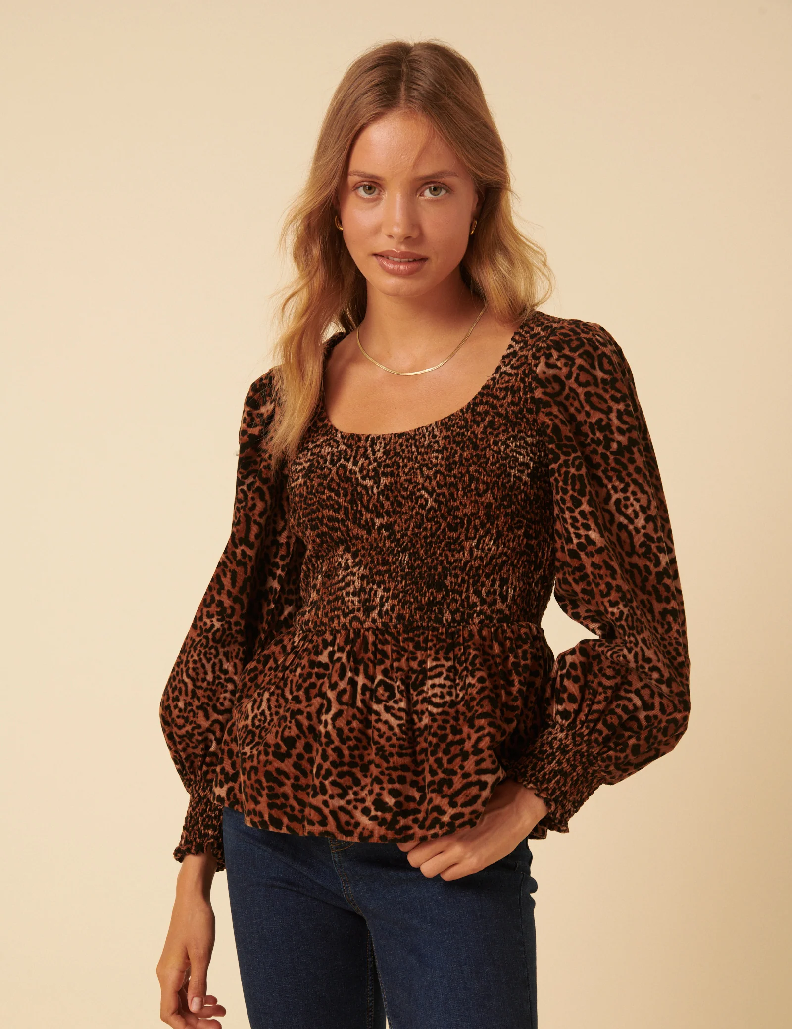 Leopard Print Shirred Balloon Sleeve Top - Image 3